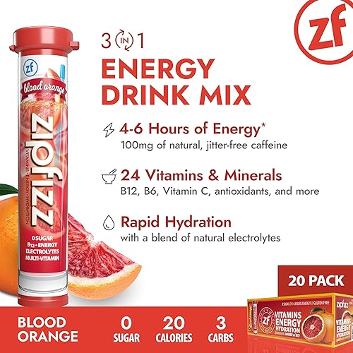 Miniatura 4 de Zipfizz Bebida energética diaria en polvo, naranja sangre, paquete de 20  Energía sostenida 3 en 1, hidratación rápida y vitaminas esenciales, sin