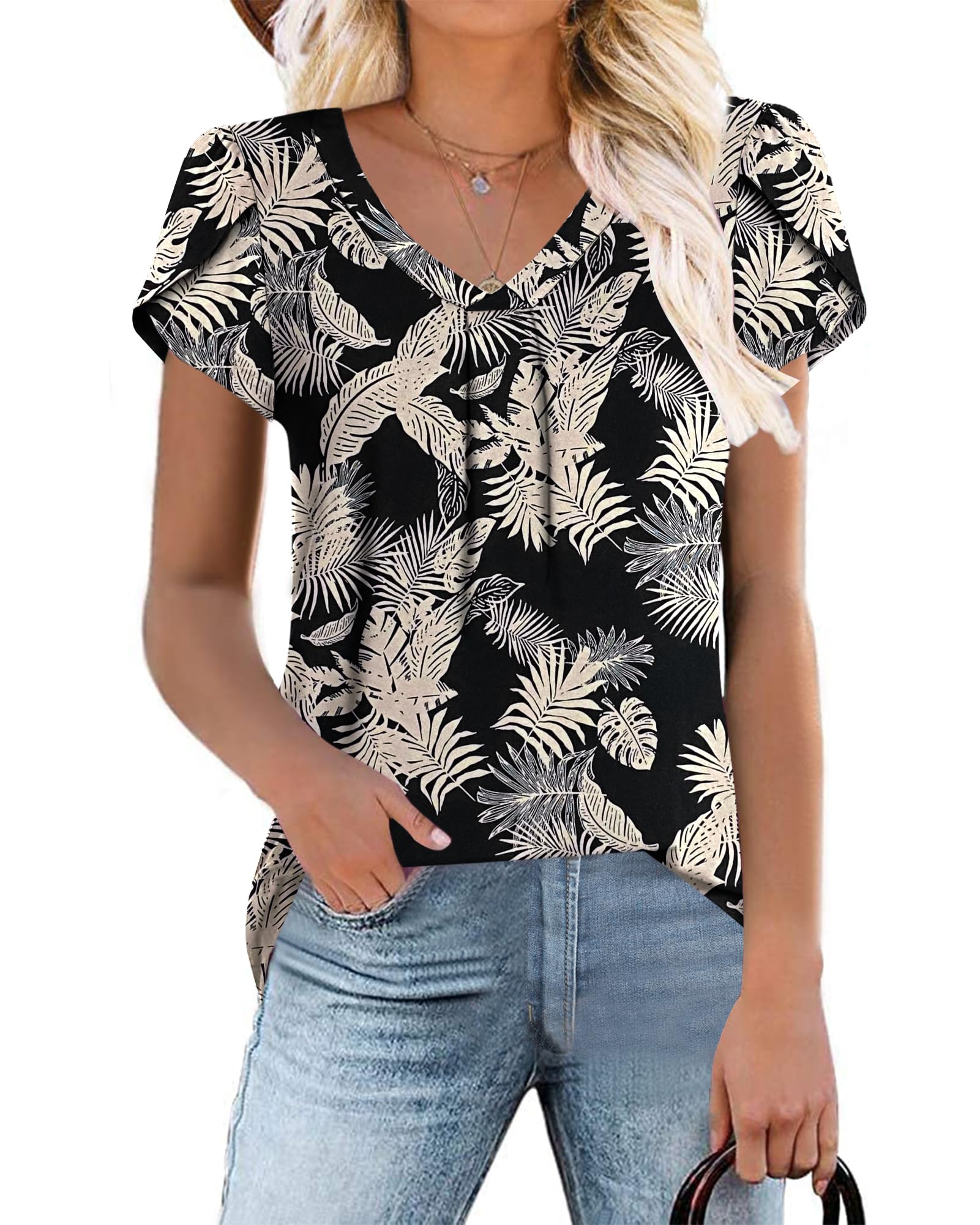 WNEEDU Women Top Summer T-Shirt 2025 Casual V Neck Petal Sleeve Blouses Loose Fit Tee Shirt