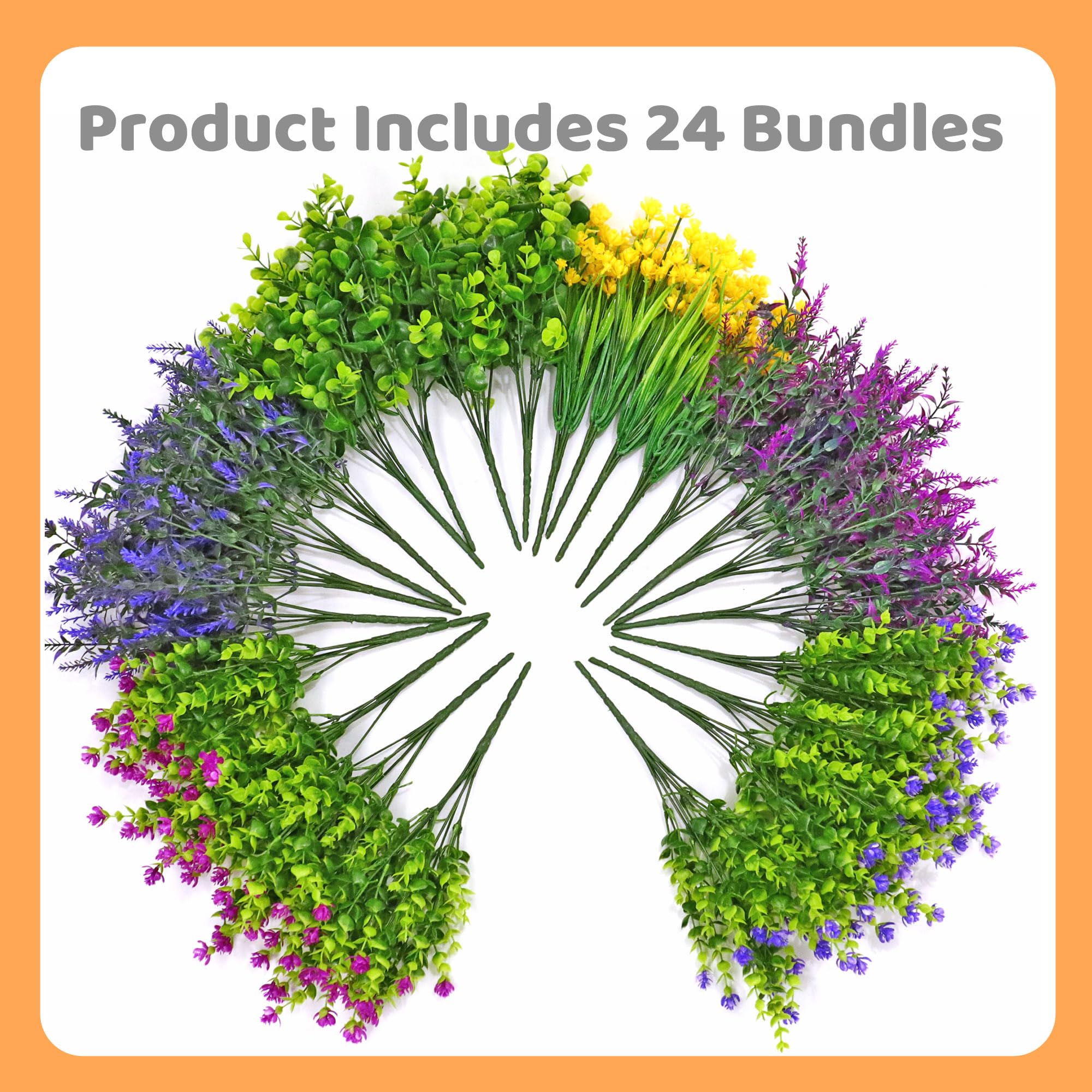 24 paquetes de flores artificiales para exteriores, resistentes a los rayos UV, no se decoloran, arbustos de plástico sintético, plantas verdes para jardín, patio, porche, ventana, hogar, interior, 3