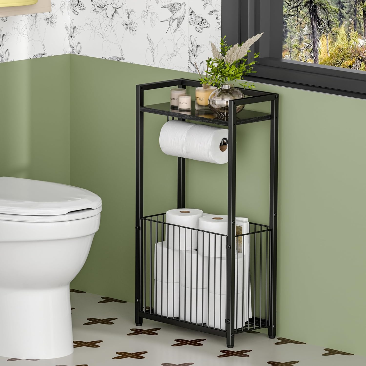 Freestanding Toilet Paper Holder with Storage Shelf - Larger Size Bathroom Tissue Stand with Space for Multiple Rolls, Phone, Wipes, and Magazines – All-in-One Toilet Roll Dispenser and Organizer