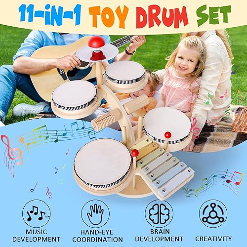 Miniatura 2 de BEAUAM Juego de batería para niños con panderetas, instrumentos musicales para bebés, juguetes musicales Montessori preescolar, kit de batería para