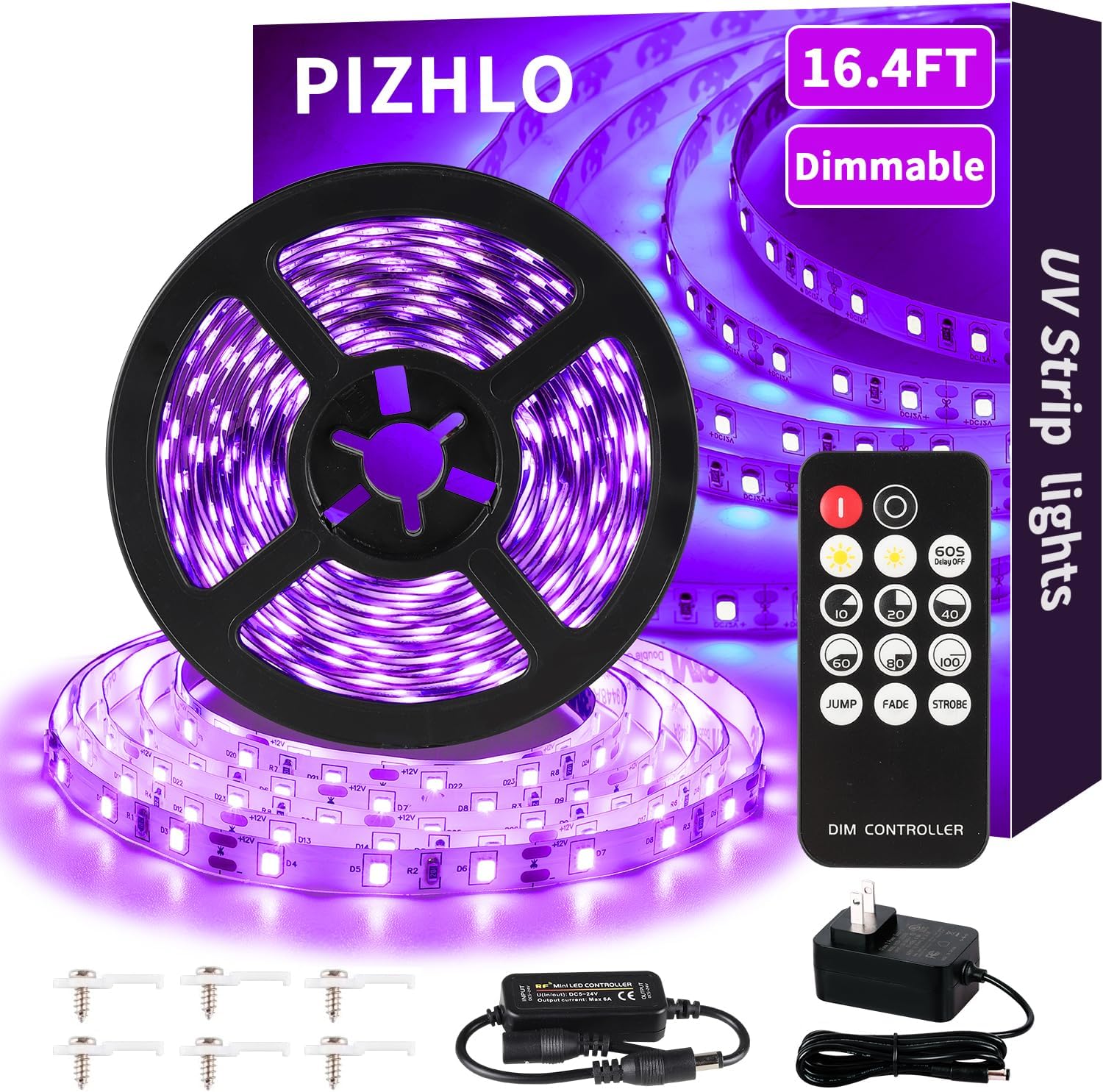 16.4 Foot Black Light Strips & Remote, Dimmable Flexible 300 LEDs | 12V Blacklights Strip for Halloween Glow Party Body Paint Birthday Bedroom Room Fluorescent Tapestry Poster Indoor
