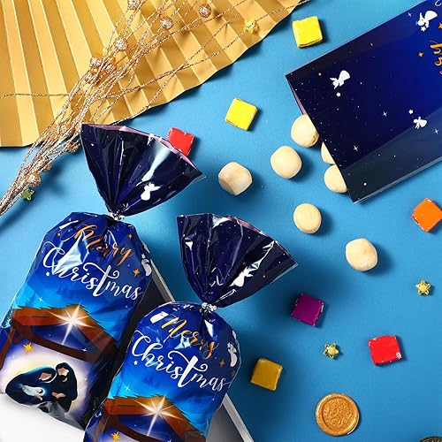 Miniatura 4 de Funrous Paquete de 100 bolsas de regalo de celofán de la Santa Natividad, bolsa de plástico religiosa de Navidad, bolsas de regalo de violonchelo