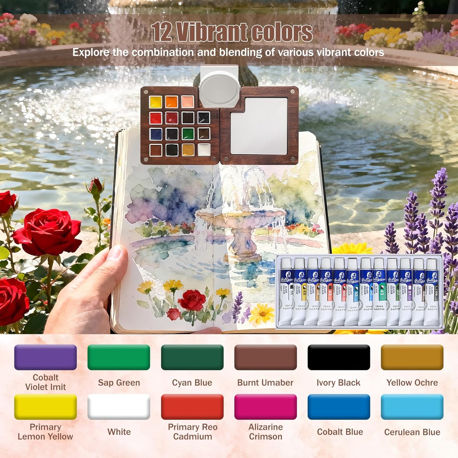 Mini Watercolor Travel Set,Portable Watercolor Kit,15 Grids Portable Wooden Paint Palette with Bag,12 Paint, 4 Brush, Cleaner Cup,2 Sketchbooks Magnetic Clip,Watercolor for Painters,Beginners,Artists - Image 6