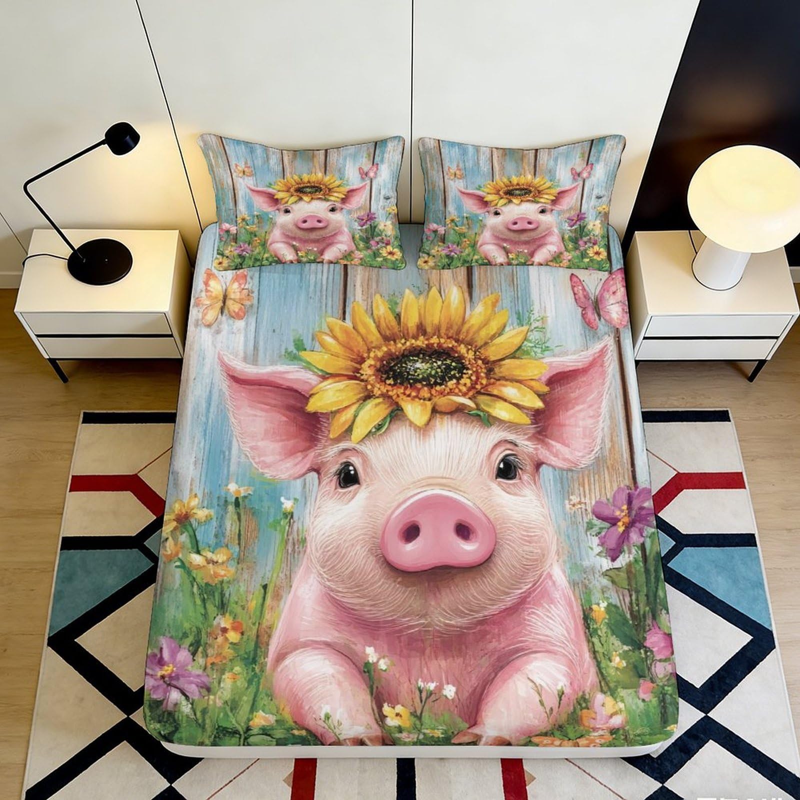 3D Printed Cute Pig Fitted Sheet Sunflower Pattern Microfiber Soft Touch Bed Cover, Wrinkle Resistant, Home Decor, Apartment Bedding, Easy Care, Bedroom, Guest Room, 115 chars 90x200x25cm