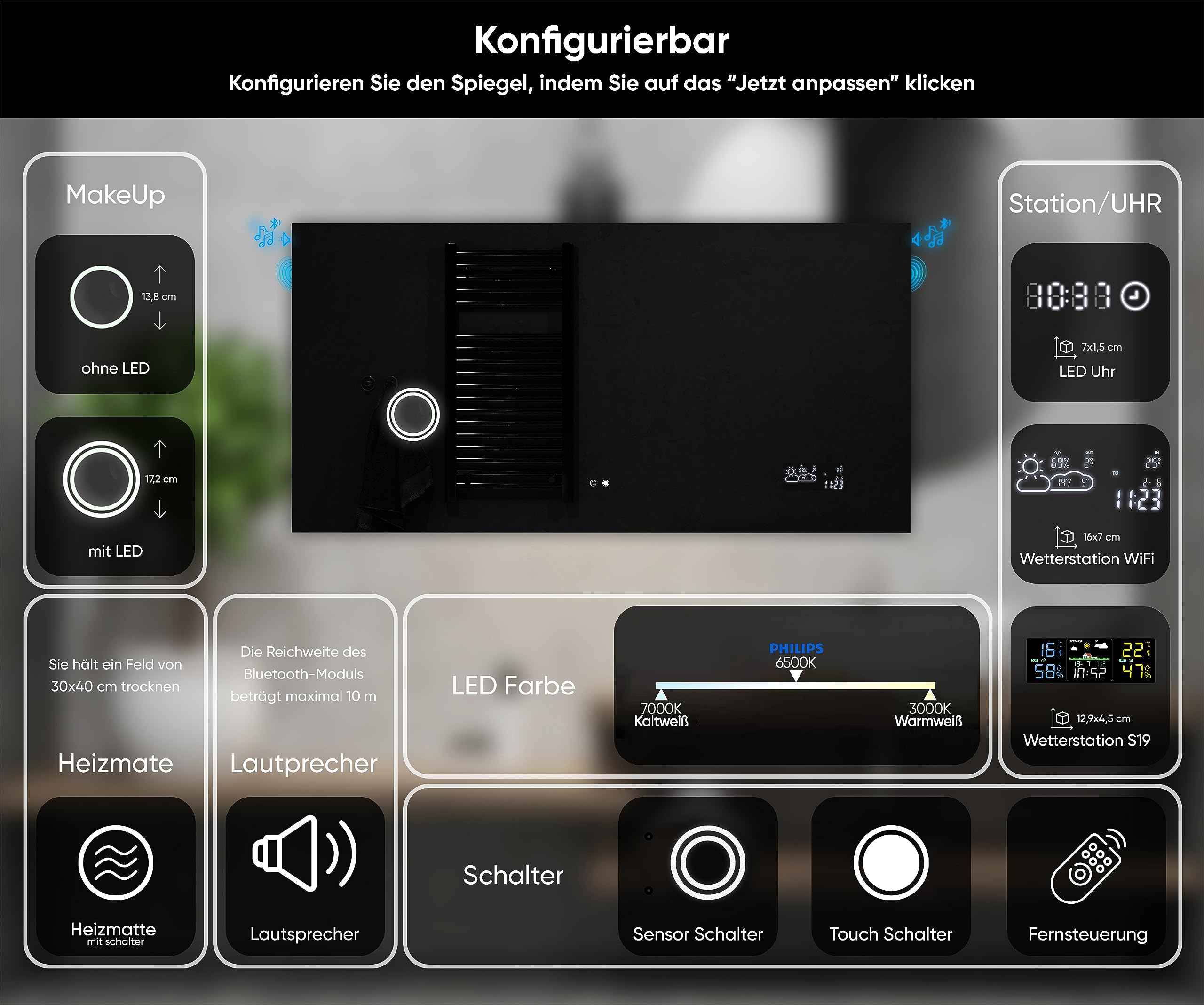 Artforma Badspiegel mit Beleuchtung - Led Spiegel Bad - 120x70 - Badezimmerspiegel Nach Maß - auf Individuelle Bestellung Gefertigt - Modernes Design - Ohne Rahmen