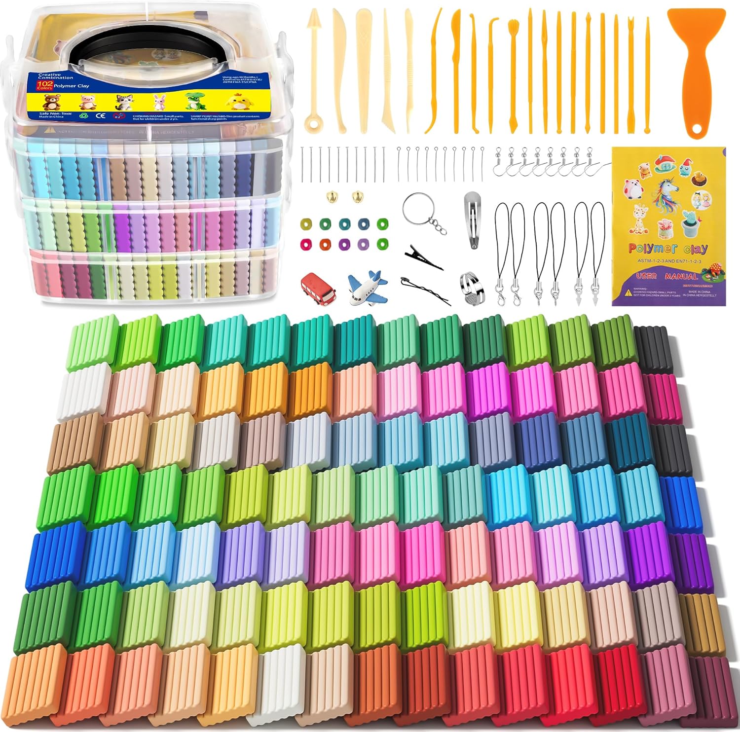 Polymer Clay 102 Colors, Modeling Clay for Kids, Non-Sticky Oven Bake Clay with Sculpting Tools and Accessories, Halloween Christmas Gift for Children and Artists