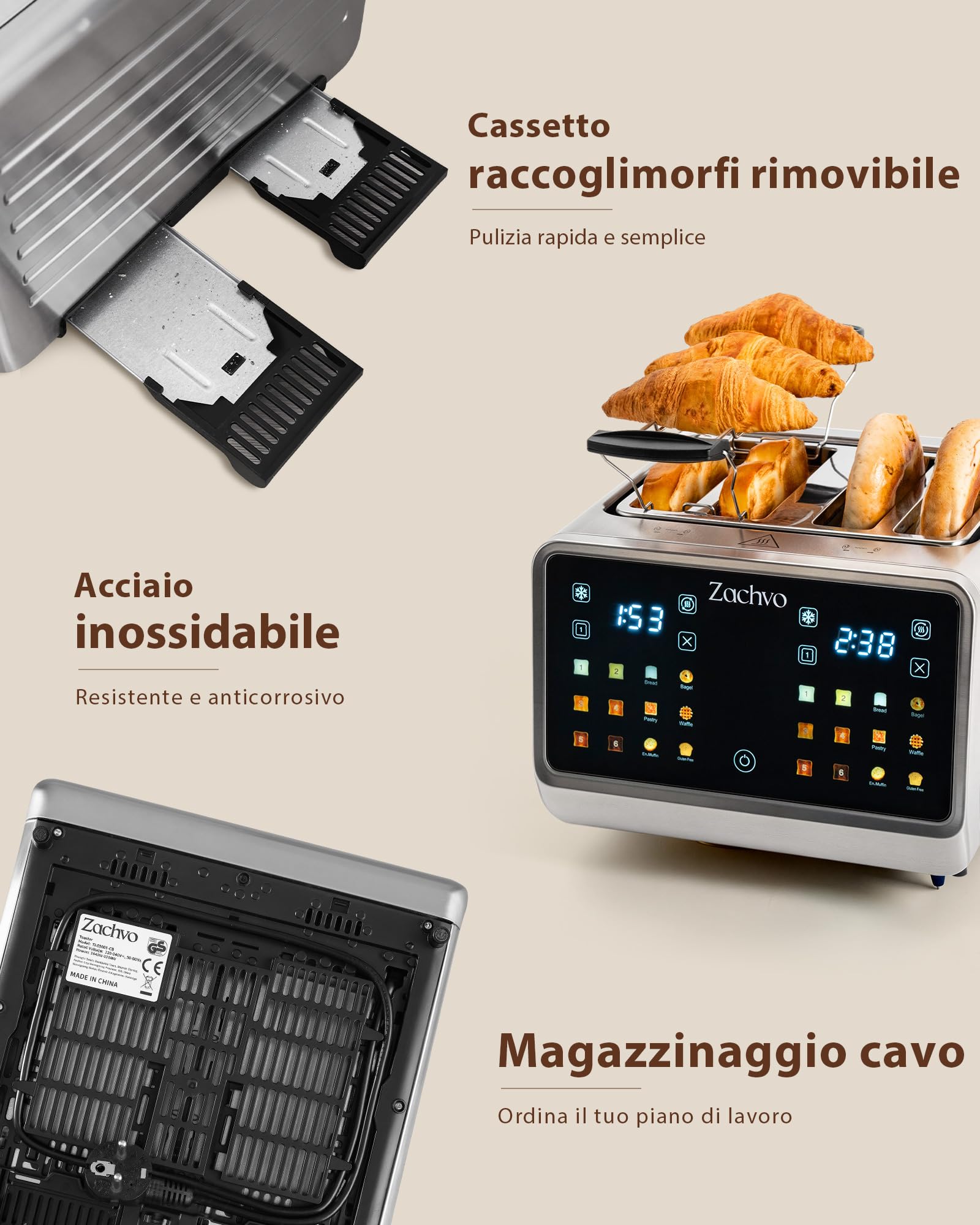Tostapane 4 fette con touchscreen e timer conto alla rovescia – tostapane lungo in acciaio inox con 2 zone di temperatura indipendenti, fessure extra larghe da 3,7 cm, 6 programmi