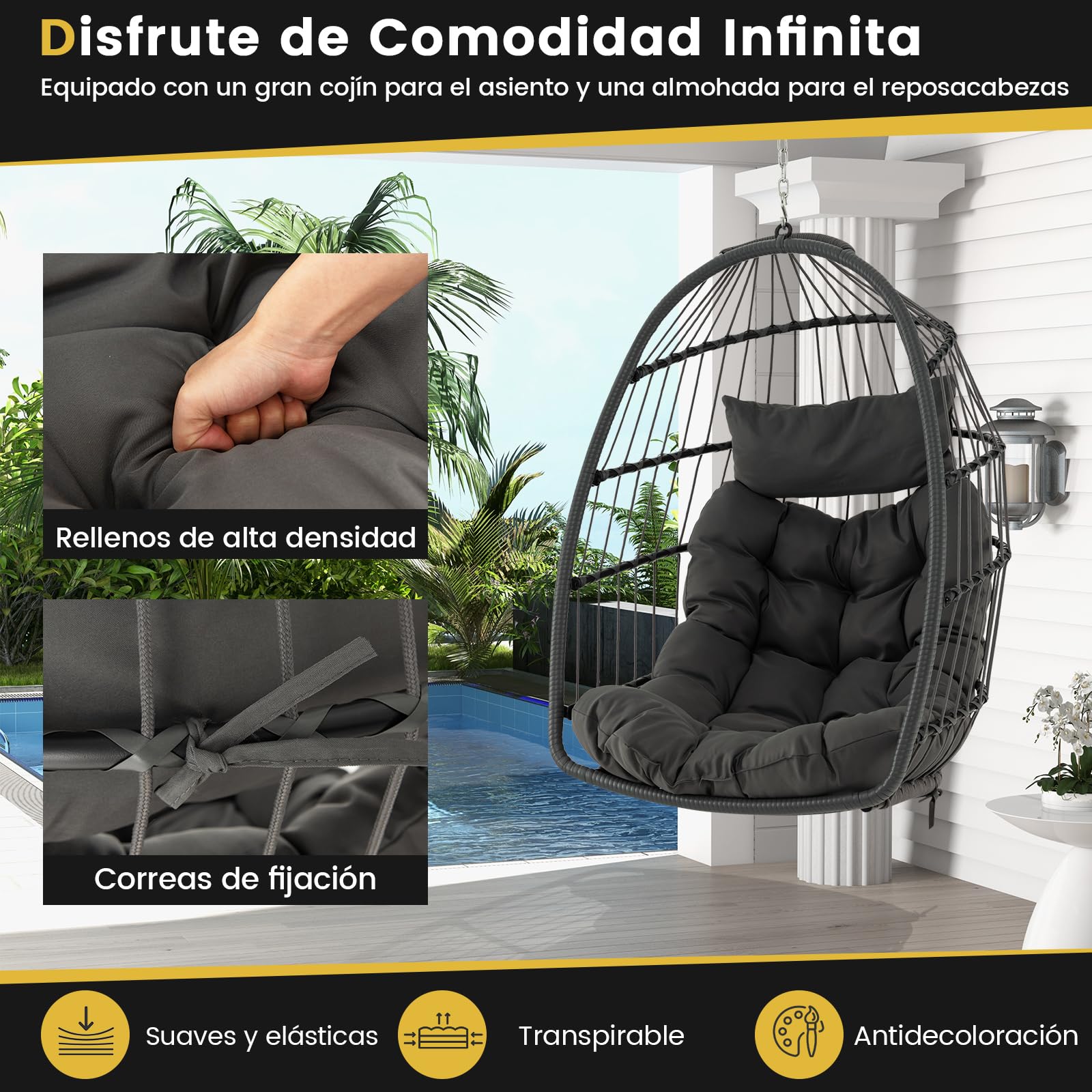 COSTWAY Silla Colgante Tipo Huevo, Cojín y Almohadilla, Columpio Colgante para Interior y Exterior, Sillon Colgante de Diseño Plegable, Carga 150kg