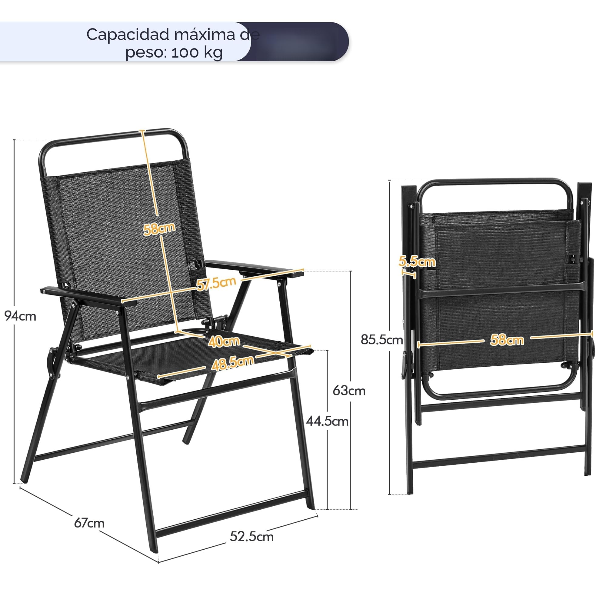 Yaheetech Juego de 4 Sillas Plegables para Exteriores Carga 100kg Negro | Poliéster Resistente 550g, Marco Metálico, Ergonómico,Plegado Ultraplano 88,5x58x5,5cm,para Terraza/Balcón/Camping/Comedor et