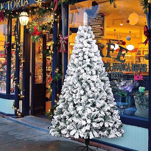 Miniatura 1 de 6FT Flocked Christmas Tree, Artificial Christmas Tree with Snow and 1300 Branch Tips, White Frosted Christmas Tree with Hinged, Snow Flocked Xmas