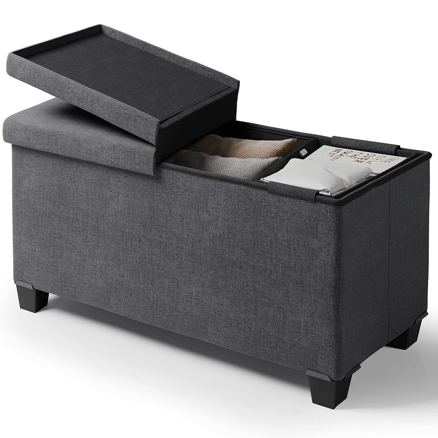 Storage Ottoman Bench with Storage Bins, 30-In Storage Bench for Bedroom End of Bed, Folding Foot Rest Ottoman with Storage for Living Room, Storage Chest Max 660lbs, Linen Fabric Grey Ottoman