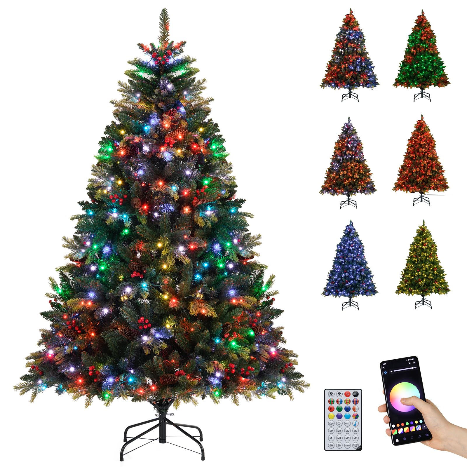 COSTWAY Árbol de Navidad con Luces Incorporadas 180cm, 370 Luces RGB Multicolores Controladas por App, Mando a Distancia, Decoración, 1054 Puntas de PE y PVC, Christmas Tree w/Light (180cm)