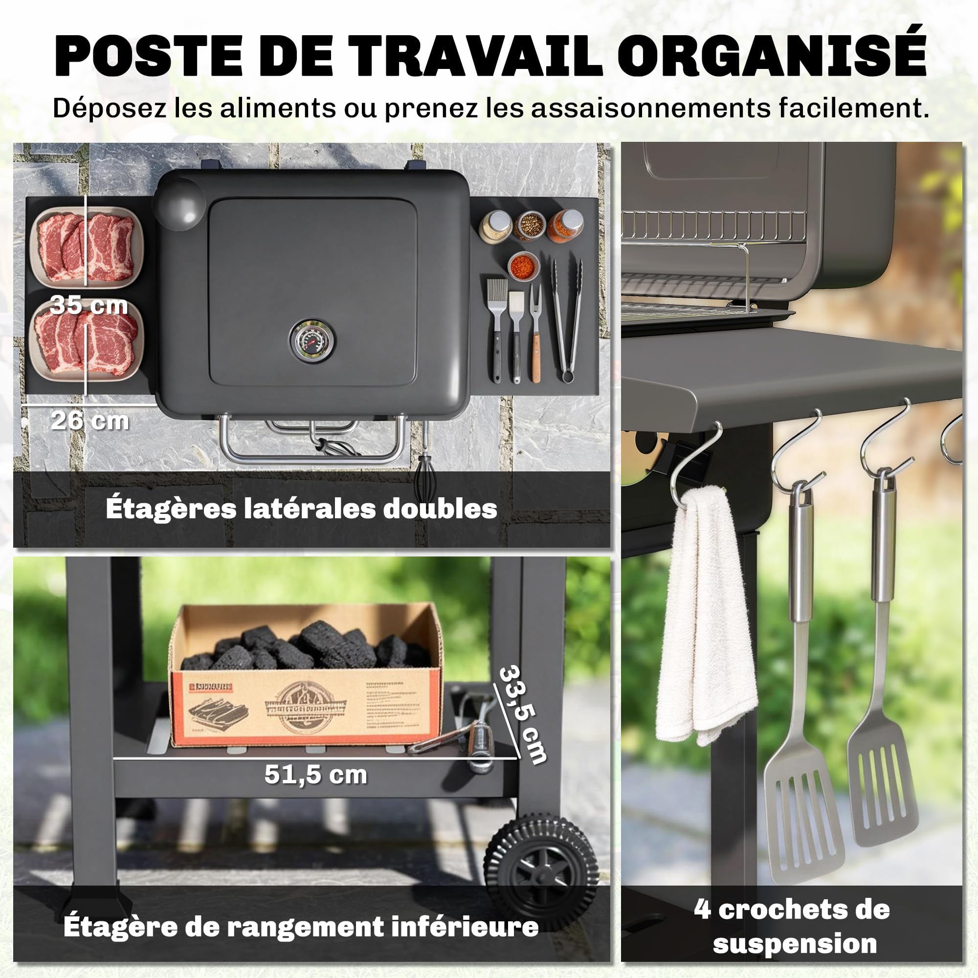 Outsunny Barbecue Charbon de Bois Bac à Charbon Réglable Fumoir Noir | Chariot Grill de Jardin, Grille de Maintien au Chaud, Tablettes Latérales, Cheminée, Aérations, Roues, Thermomètre