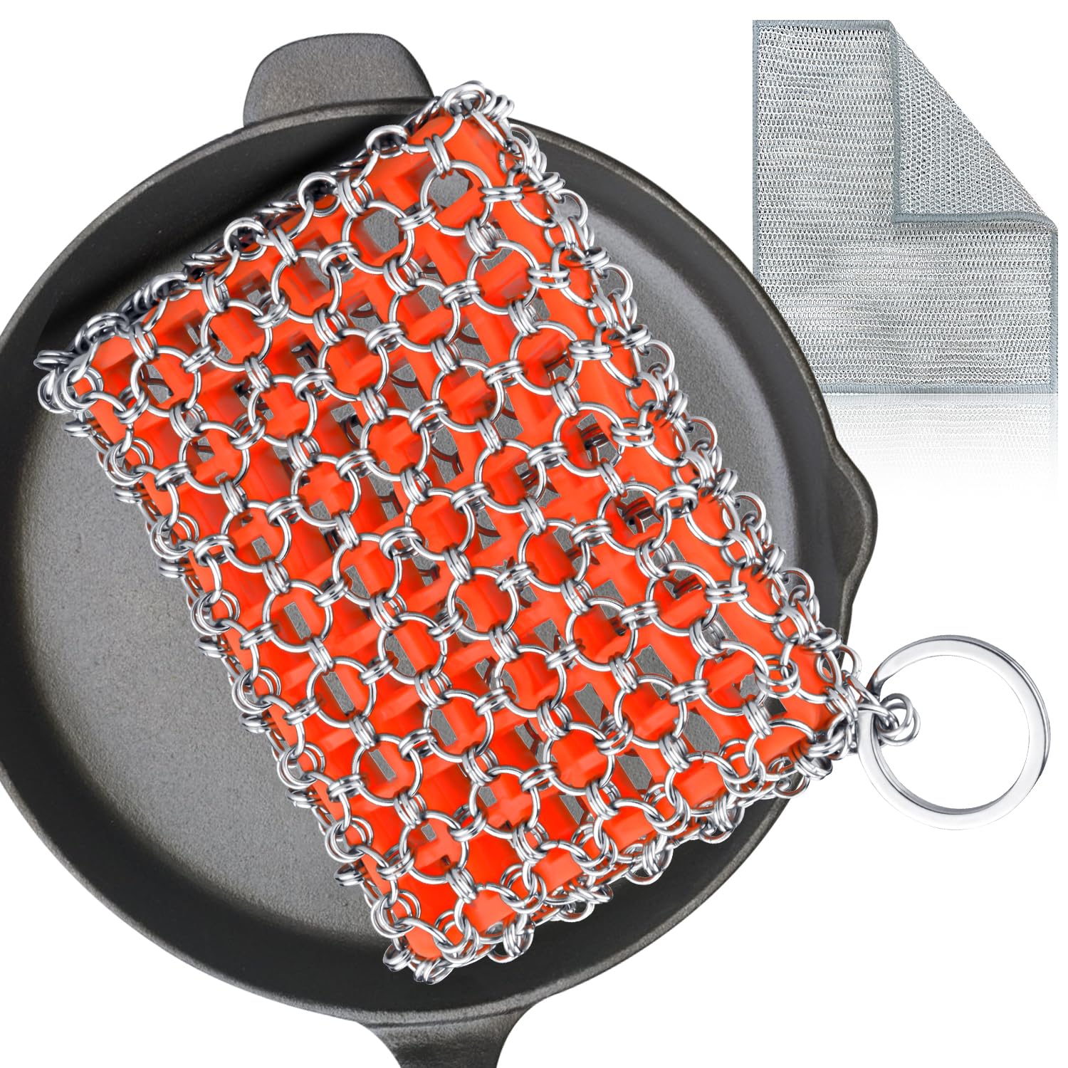 Cast Iron Scrubber with Bamboo Fiber Cloth and Pan Scraper, 316L Cast Iron Cleaner Set – Removes Stains, Protects Coatings, Safe for Dutch Oven,