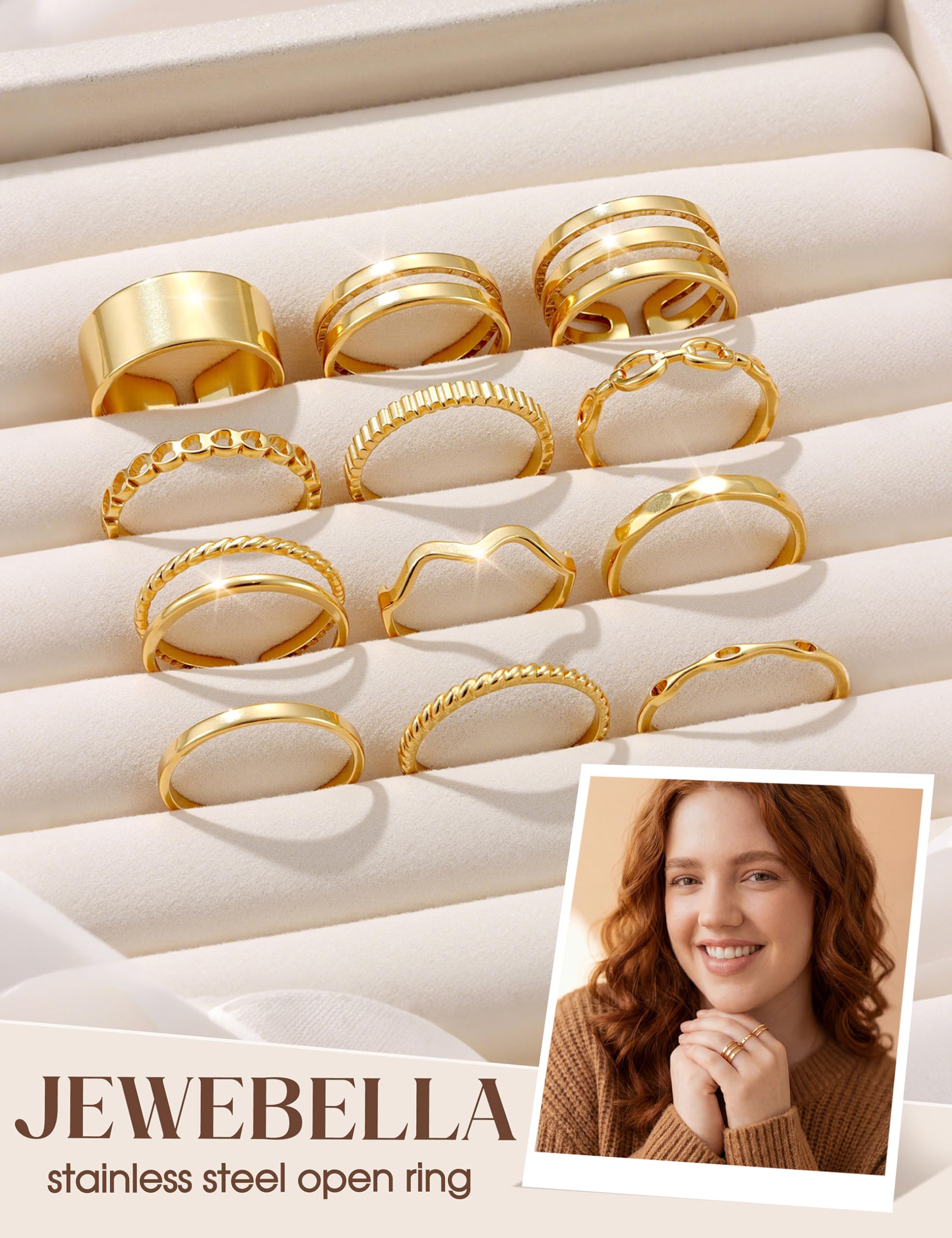 JeweBella 12 Stück Ringe Gold Silber Wasserfest Ring Damen Edelstahl 18K Vergoldete Trendy Stapelbare Offene Ringe Set Frauen Verstellbar Daumenring Fingerring Stapelringe Damen Schmuck