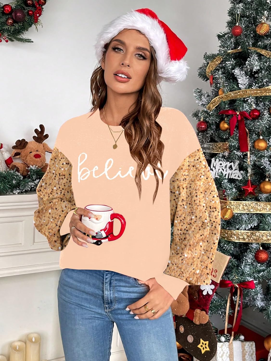 Christmas Sequin Sweater Womens Believe Christmas Sweatshirt Crewneck Long Sleeve Xmas Holiday Knit Pullover Top - Image 3