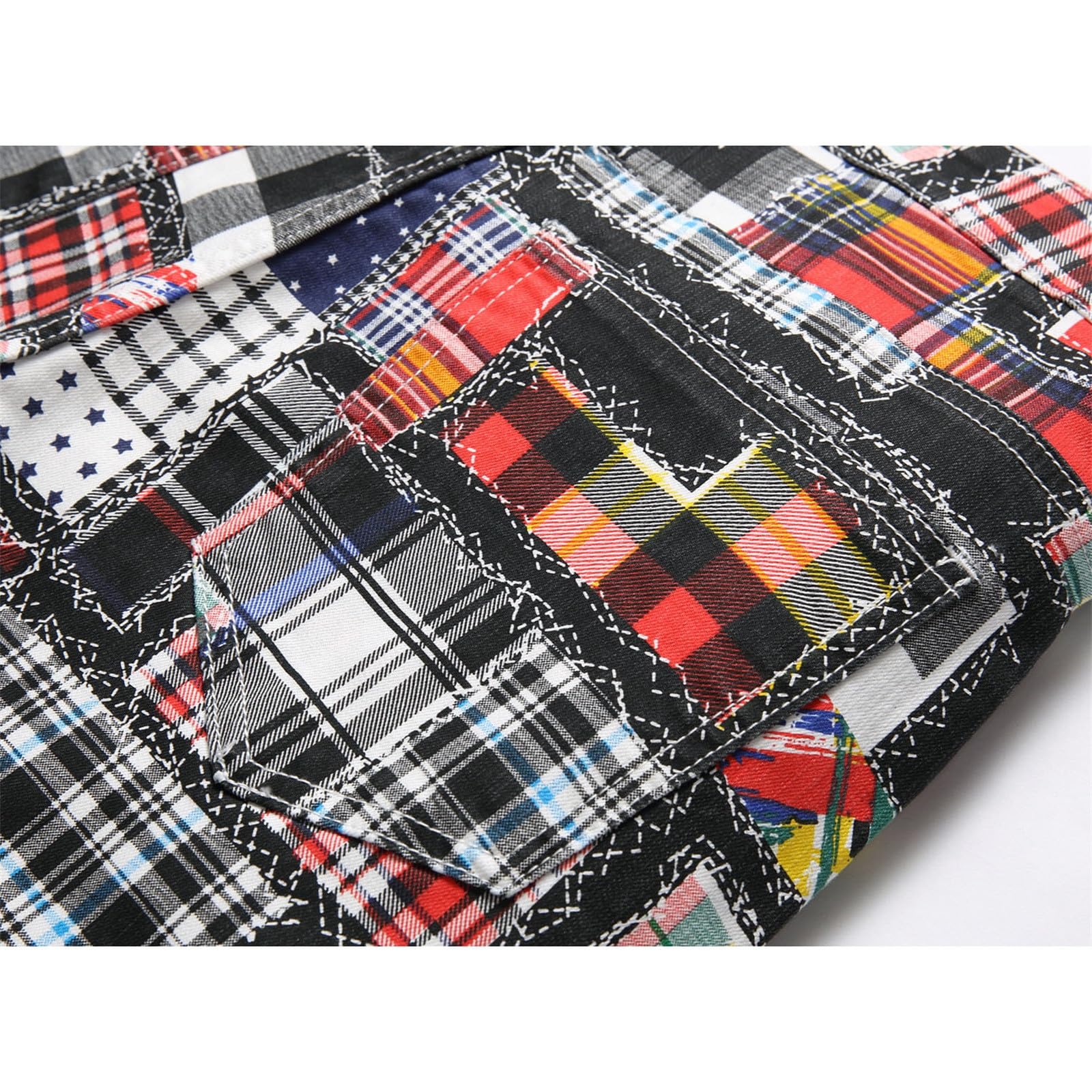 Pantalones Hombre Vaqueros-Pantalones de Mezclilla elásticos Ajustados con Contraste de Color de Cilindro Recto de Retazos a Cuadros con Estampado Digital