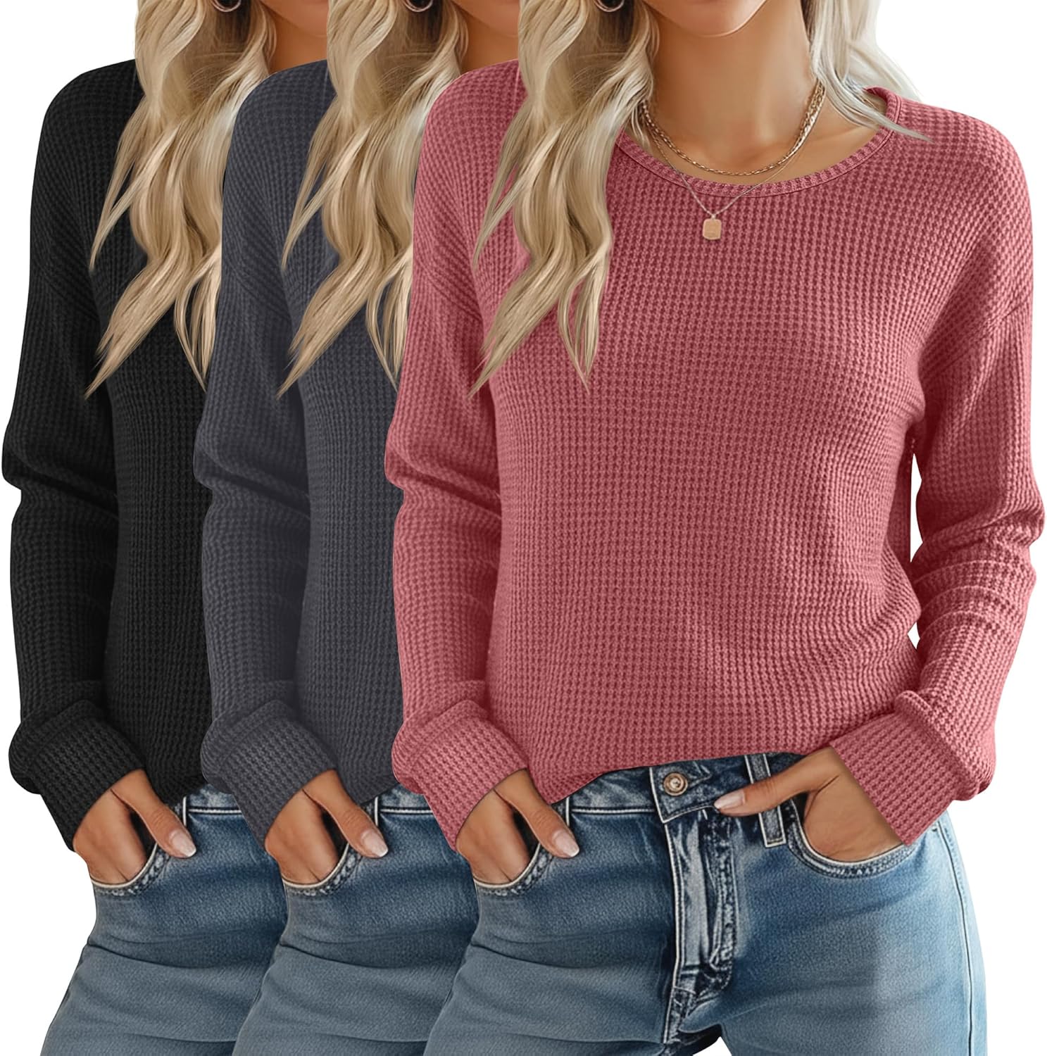 3 Pack Women's Waffle Knit Long Sleeve Shirts, Crew Neck Slim Fit Thermal Tops Casu...