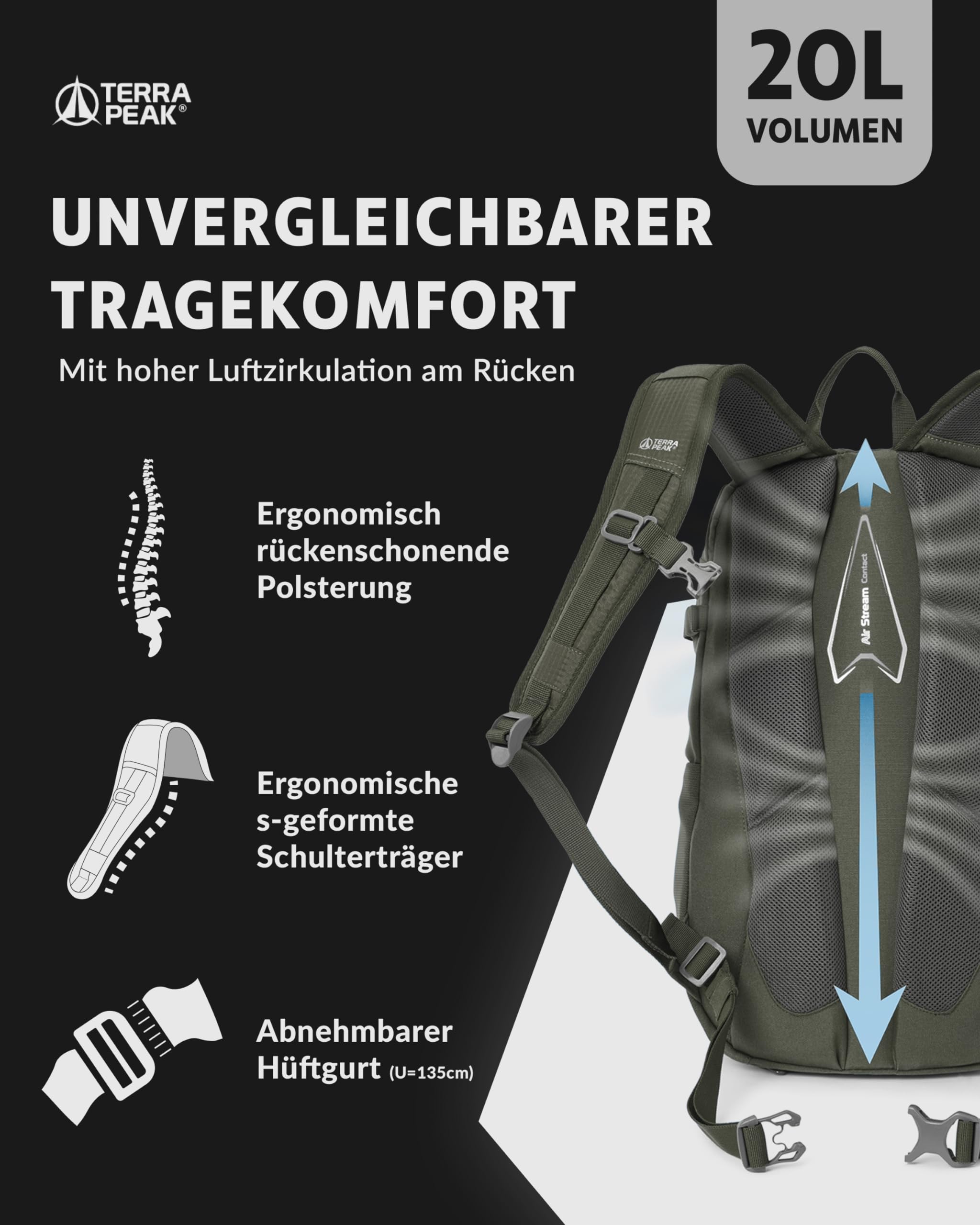 Terra Peak® Zaino da Trekking 20 litri per uomo e donna (FLEX 20 PICCOLO) - Zaino da escursionismo, viaggio e montagna da esterno ergonomico e impermeabile - con ventilazione posteriore (traspirante)