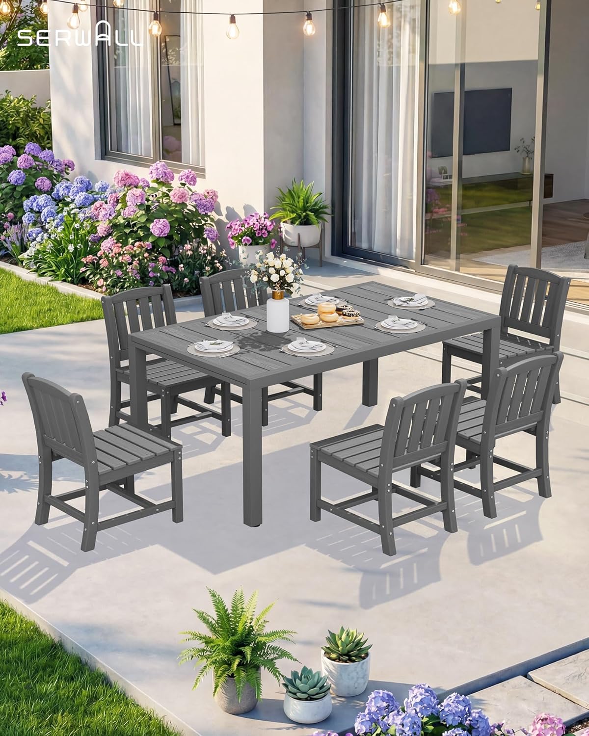 SERWALL 9-Piece Outdoor Dining Set, 60" - 83" Expandable Outdoor Dining Table and 8 HDPE Chairs, All Weather HDPE Outdoor Furniture Set for Backyard, Garden, Grey