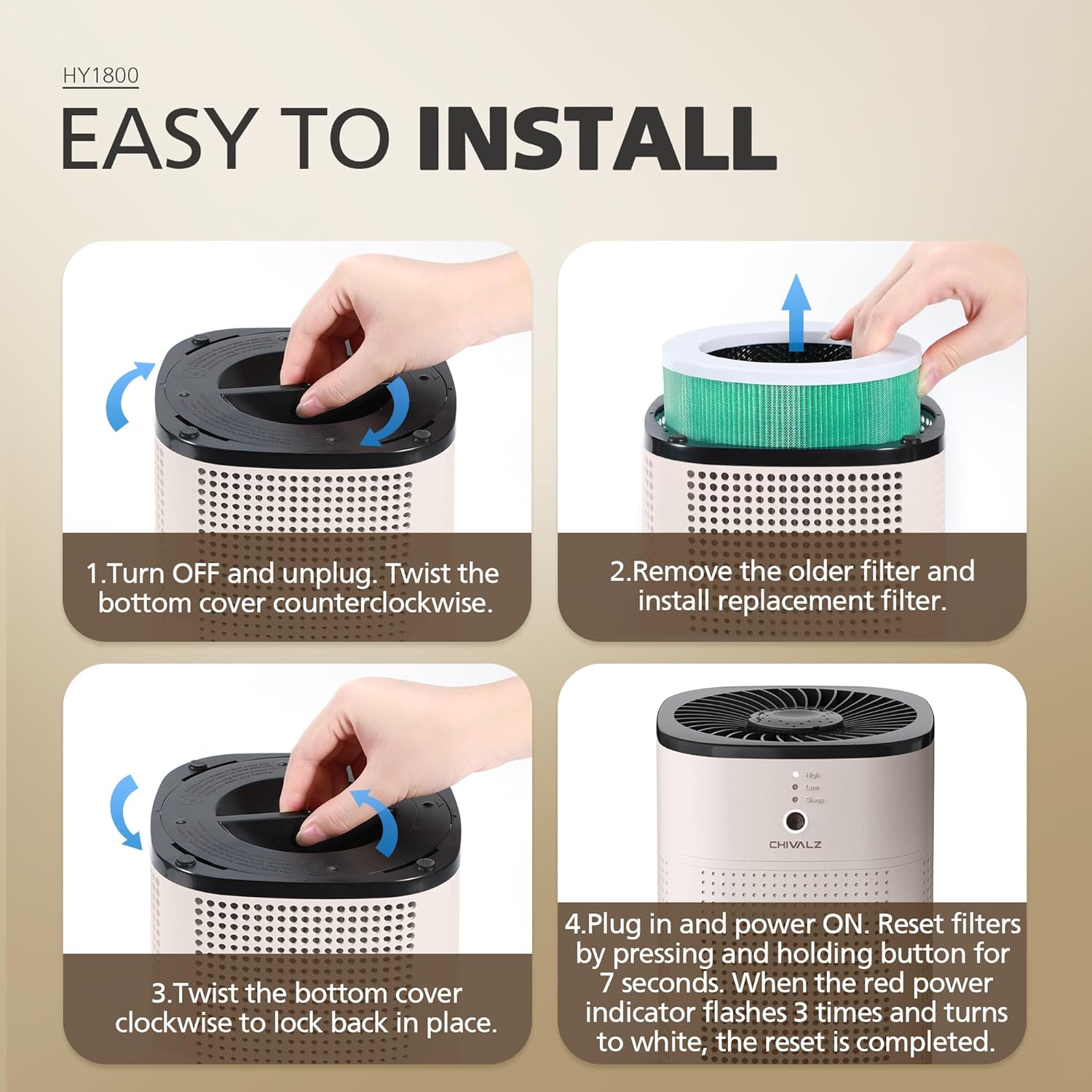 Steps for installing the filter in the CHIVALZ HY1800 Air Purifier
