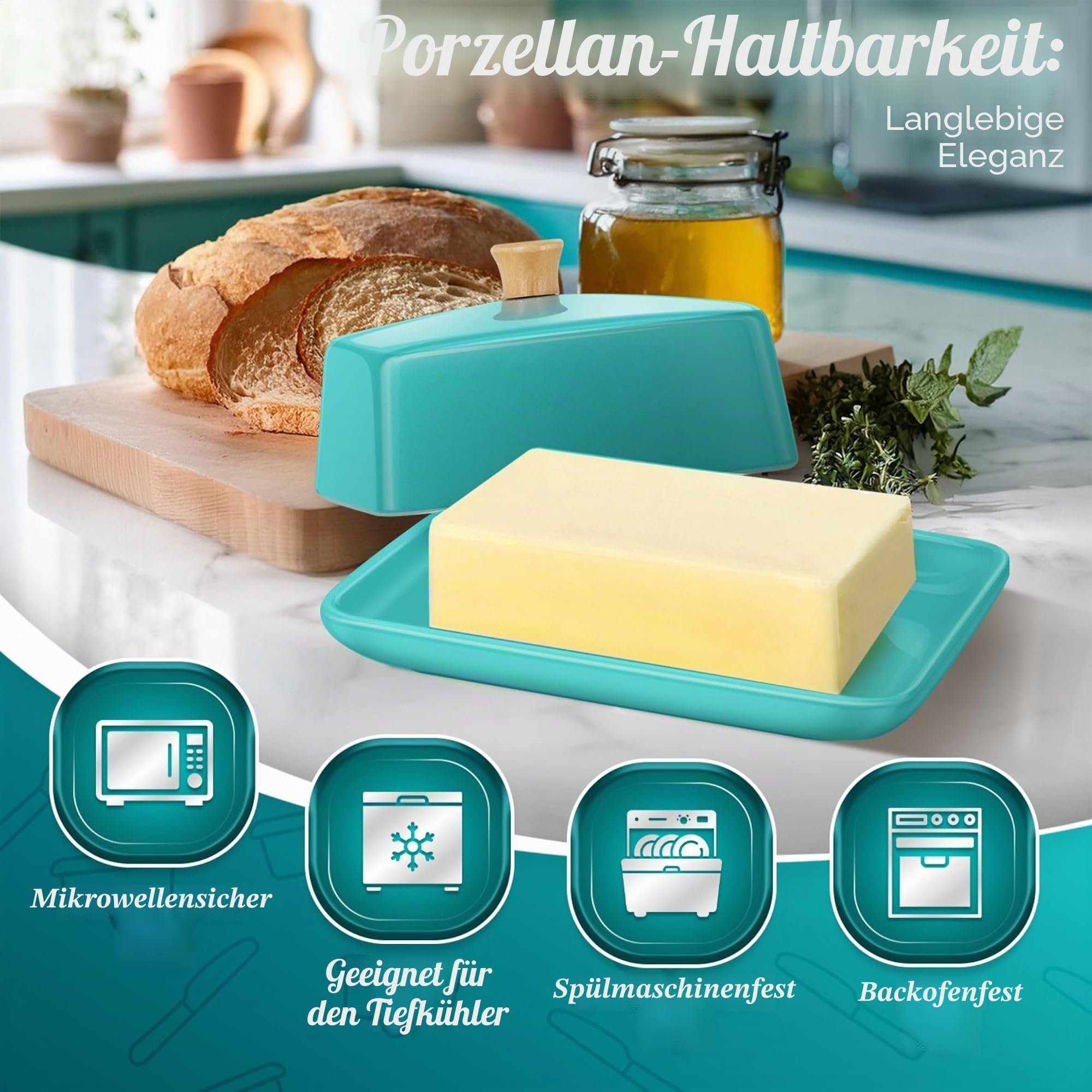 Flexzion Keramische Blau europäische Butterdose mit Deckel für die Arbeitsplatte (20,3 cm) – breite Doppel-Butterdose für 2 Stangen, Aufbewahrung für Frischkäse