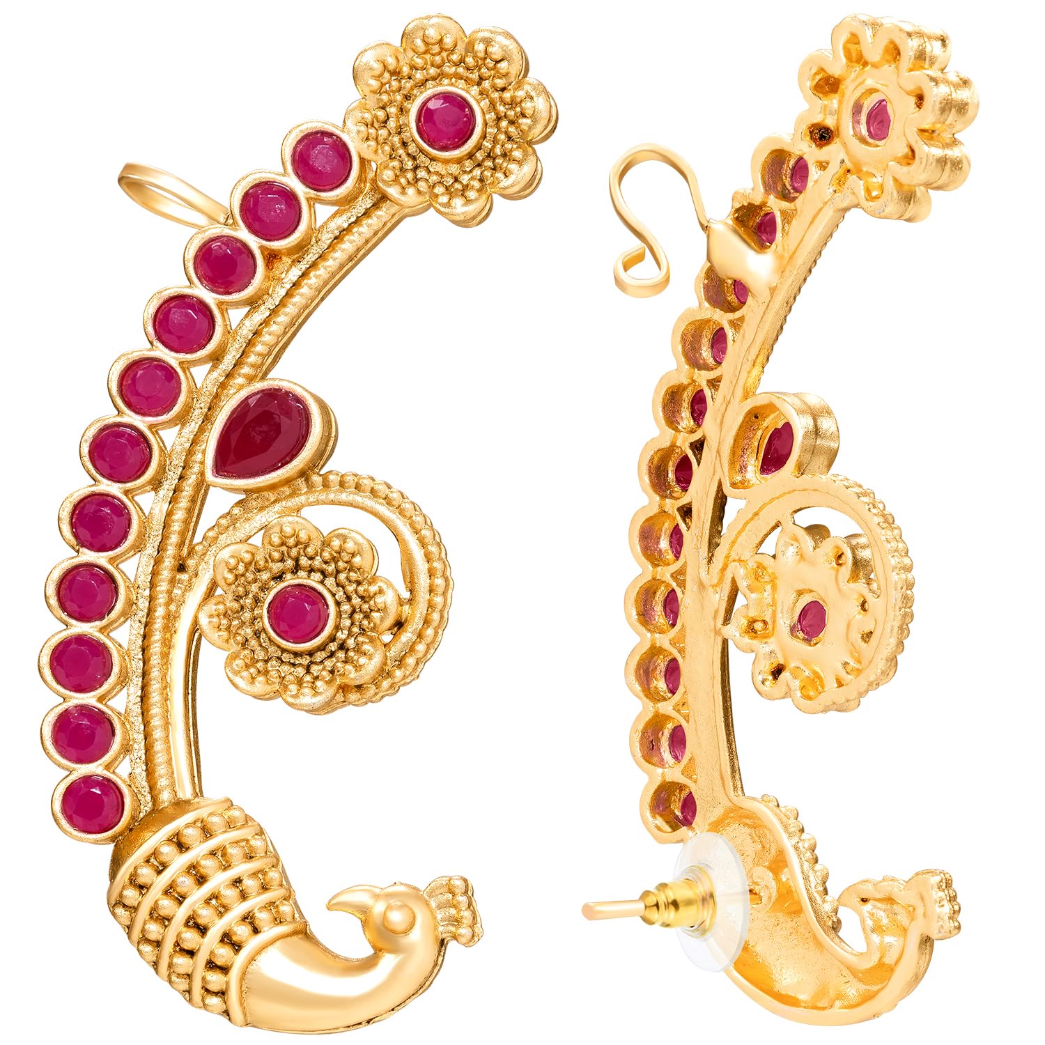 peora Gold Plated Ear Cuff Earrings for Women | Peacock Traditional Design | Faux Emerald Studded | Festive & Bridal Jewellery | Anniversary Birthday Gift for Her-picture-45