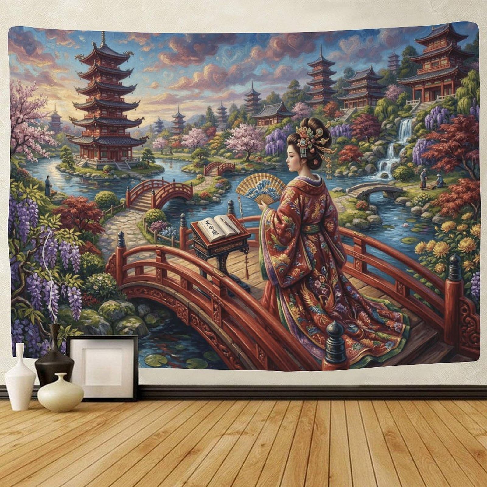 GPMNBCXZK Japanese Geisha Wall Tapestry Traditional Pagoda Decor 3D Printed Wall Art for Home Living Room Bedroom Dorm 180cmx230cm