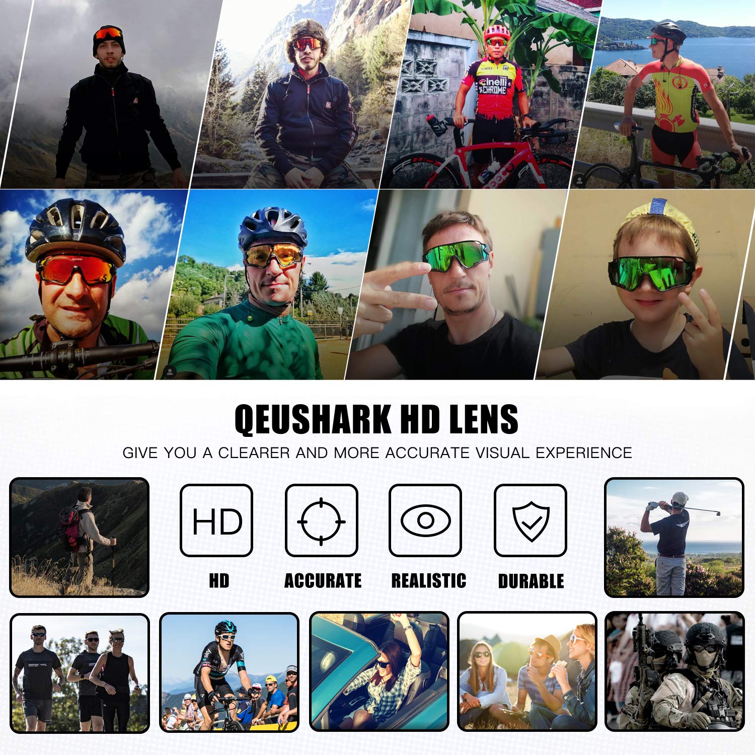 Queshark Polarizzati Occhiali Ciclismo con 4 Lenti Intercambiabili Occhiali Bici Occhiali Sportivi da Sole Anti UV da Uomo Donna per Corsa,MTB