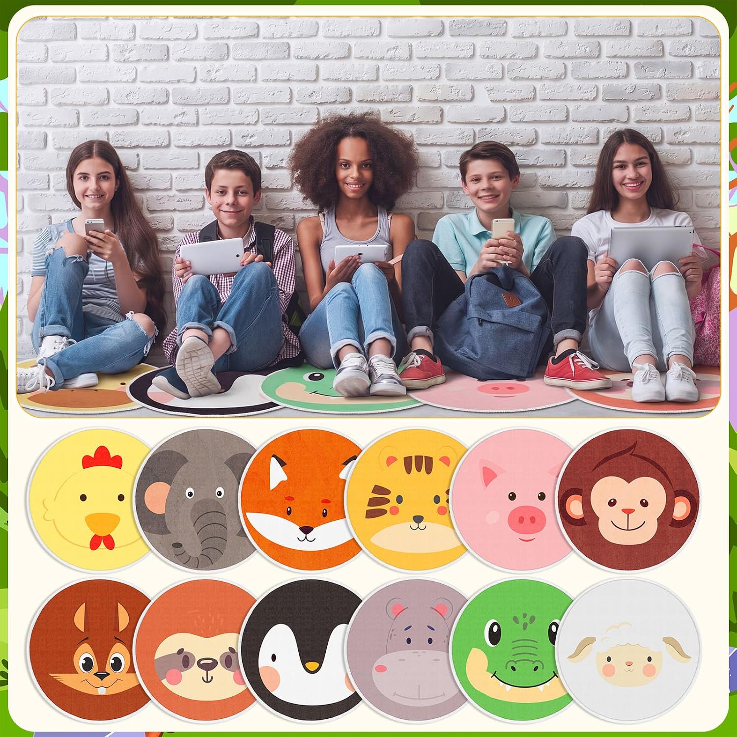 24 Pack Carpet Circles for Classroom, 16 in Non Slip Mat, Animal