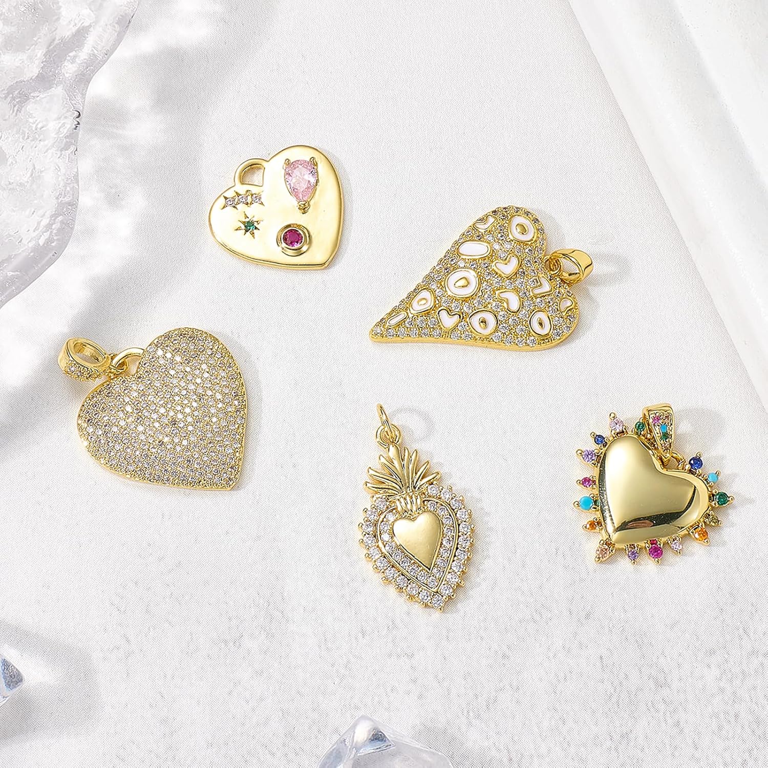 2Pcs Gold Heart Charms for Jewelry Making Crystal Charms Brass Colorful Cubic Zirconia Valentine's Day Pendants for Earring Bracelet Necklace DIY Accessories - Image 3