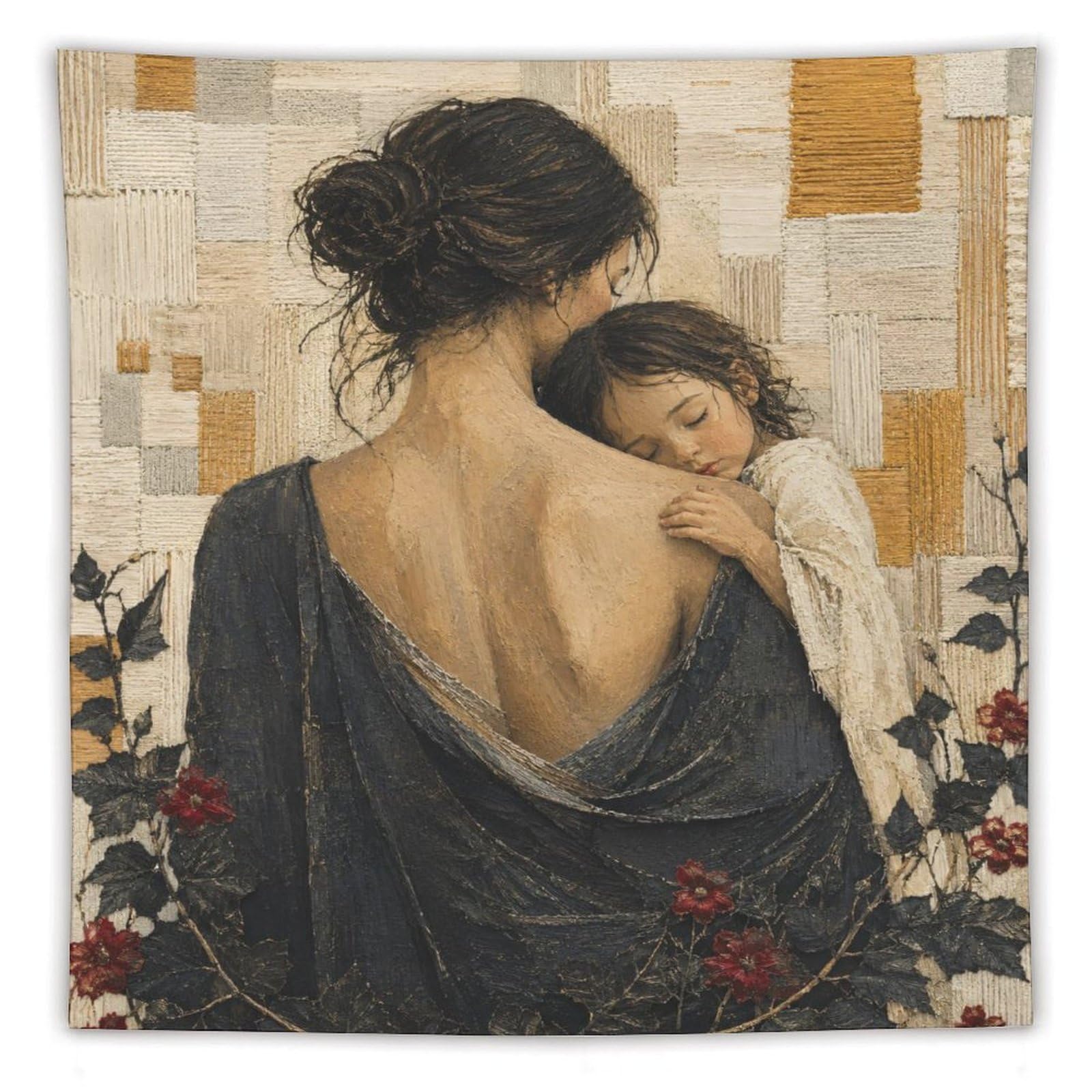 W7C8U2X3 Mother and Child Back View Wall Tapestry, Floral Robe