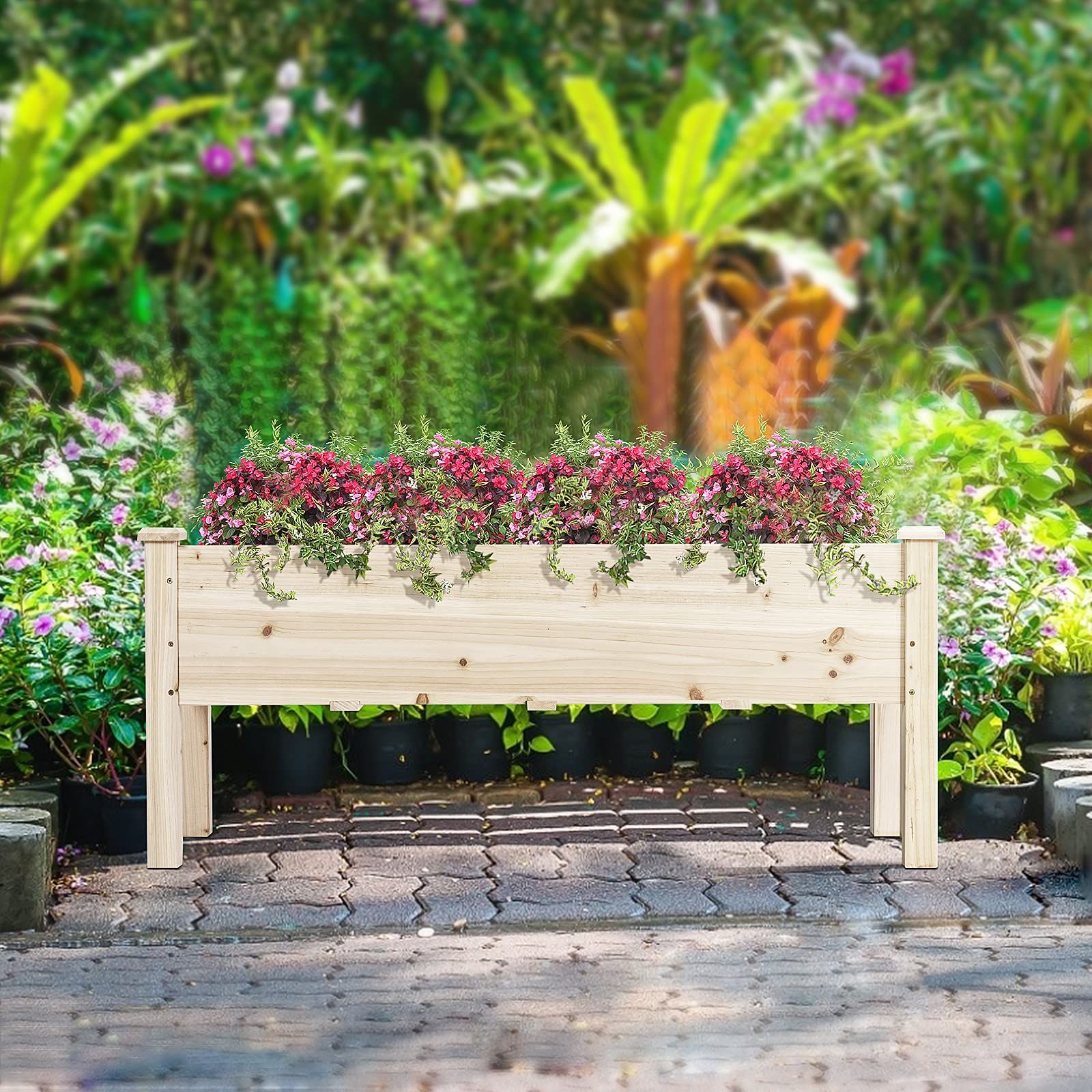 GOPLUS Huerto Urbano de Madera de Abeto, Cama Elevada con 5 Agujeros de Drenaje, Jardinera para Flores Verduras, Maceta para Cultivo, Capacidad de 100 kg, 120 x 43,5 x 51 cm (Beige)