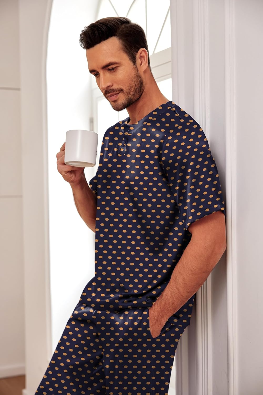 Ekouaer Mens Silk Satin Pajama Set Short Sleeve Sleepwear Silky Loungewear with Long Pants - Image 4