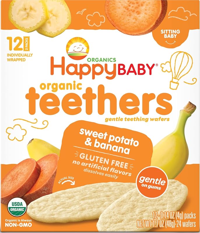 Happy Baby Gentle Teethers Organic Teething Wafers Banana Sweet Potato, Soothing Rice Cookies for Teething Babies Dissolves Easily Organic Gluten Free No Artificial Flavor,0.14 Ounce (Pack of 12)