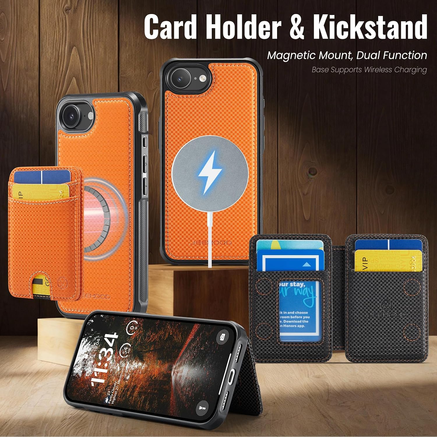 for iPhone 17E & 16E MagSafe Wallet Case, 2-in-1 Detachable Luxury Card Holder, Universal MagSafe Compatible, RFID Blocking, Shockproof Kickstand Slim Cover， Vanilla Orange
