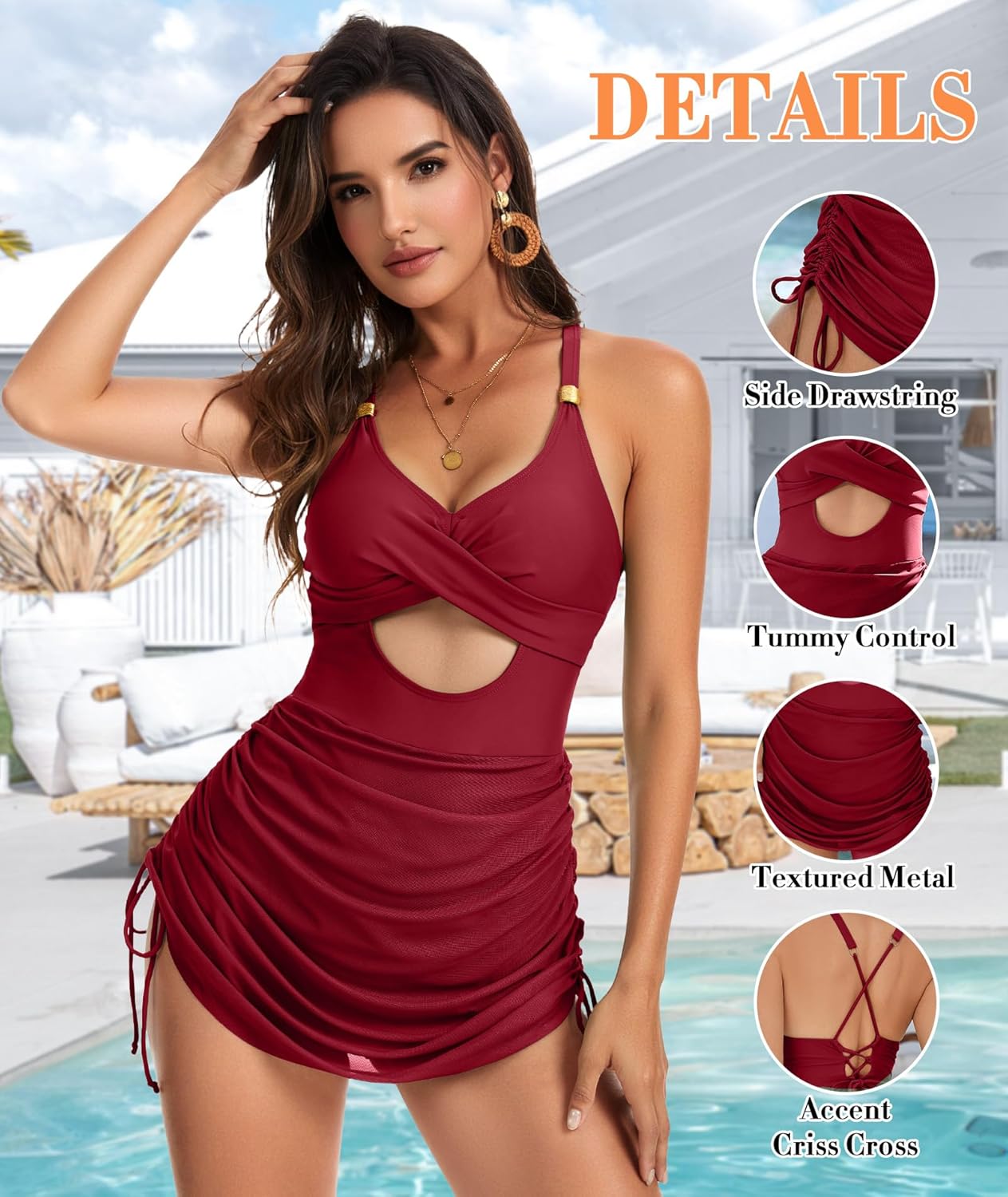 One Piece Swimsuit Women 2026 Tummy Control Sexy Swimsuits Metal Modest Sliming Mesh Swim Dress Padded Swimwear