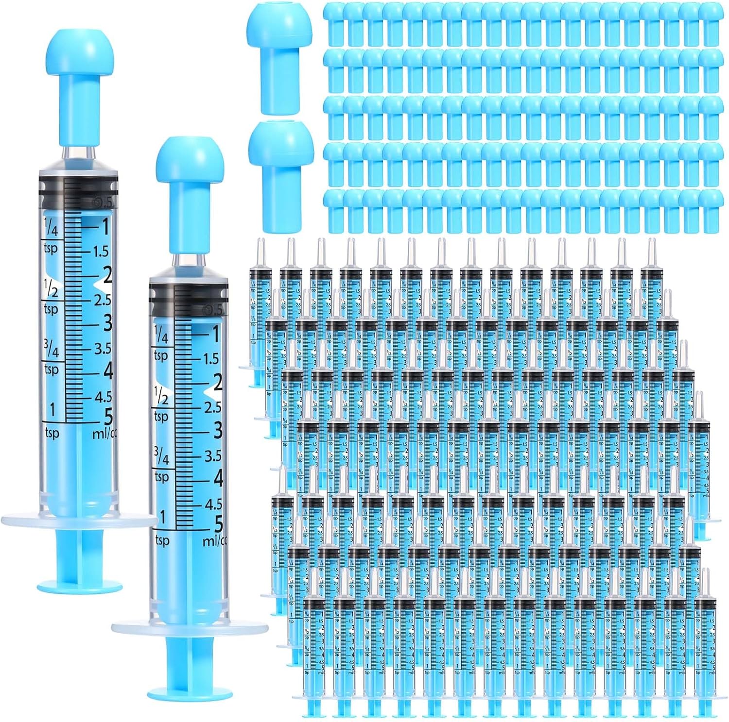 TrelaCo 100 Pack 5ml Oral Syringes with Caps, Colored Plastic Measuring Syringe No Needle for Liquid, Medicine, Pet Feeding, DIY, Party, Back to School, Craft, Individually Sealed and Wrapped(Blue)