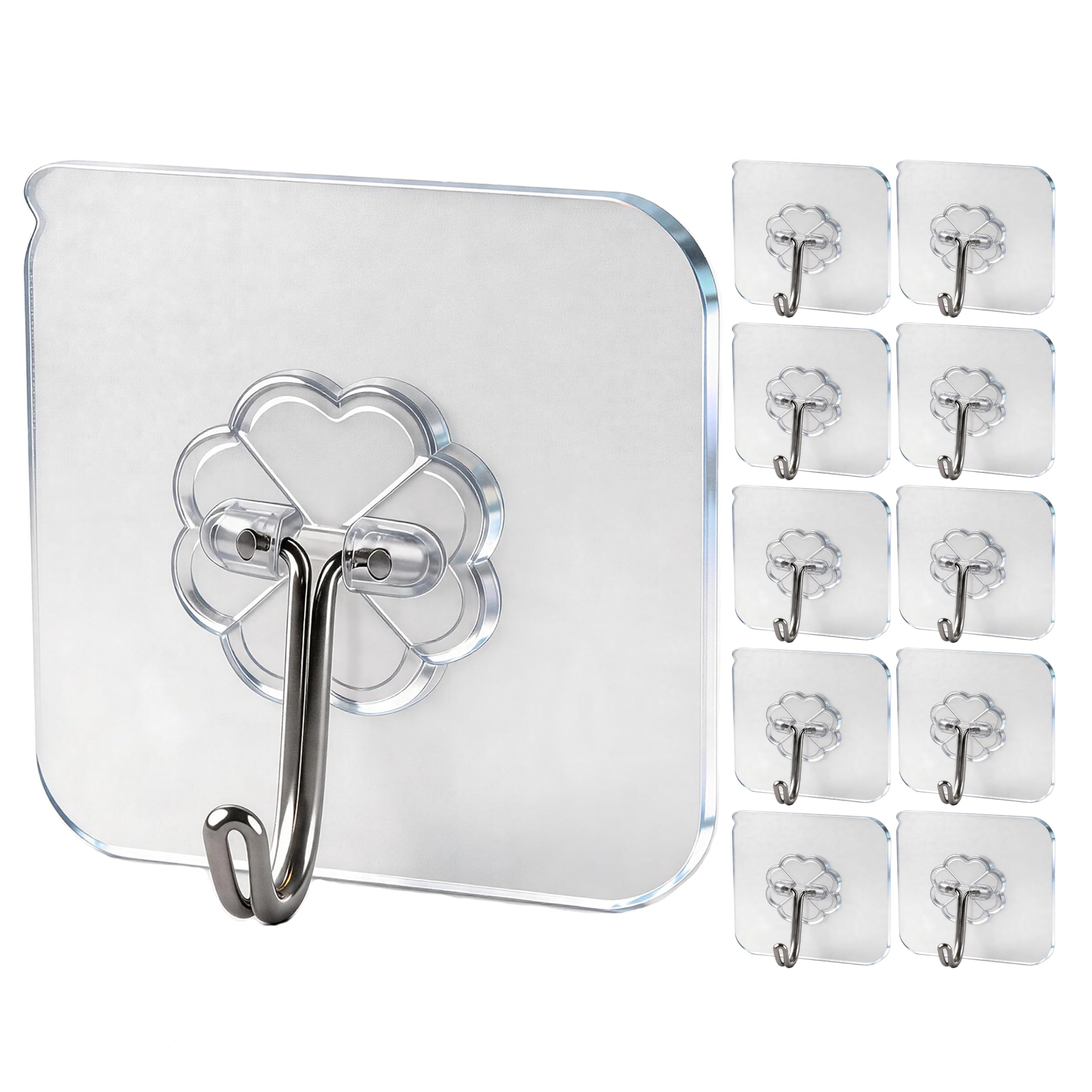 WOVU Crochets Adhésifs Transparents sans Percer - Résistants 15kg Max, Étanches Eau/Huile - Salle de Bain & Cuisine - Pour Serviette, Manteau, Clés - Multifonction - 10 Pièces