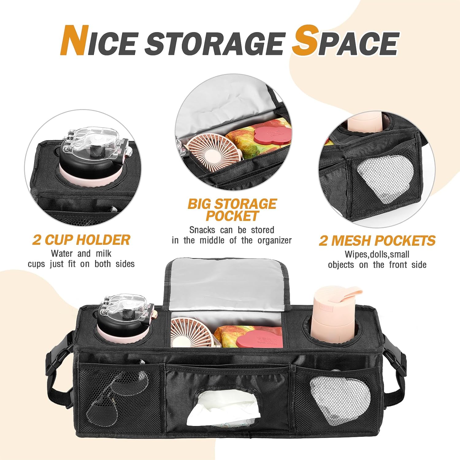 Parent Console Stroller Organizer for 2 or 4 seaters,Padded Wagon Parent Console with buckles,and large main storage pocket (19''Lx5''Wx6''H)