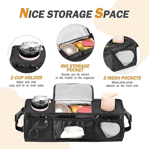 Miniatura 4 de Organizador de cochecito de consola para padres de 2 o 4 plazas, consola acolchada para padres con hebillas y bolsillo principal grande de