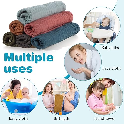 Miniatura 10 de Hicarer 6 paños grandes de muselina de 20 x 10 pulgadas, paños de muselina multicolor para bebés, pañales de tela para eructos para bebé, 6 capas