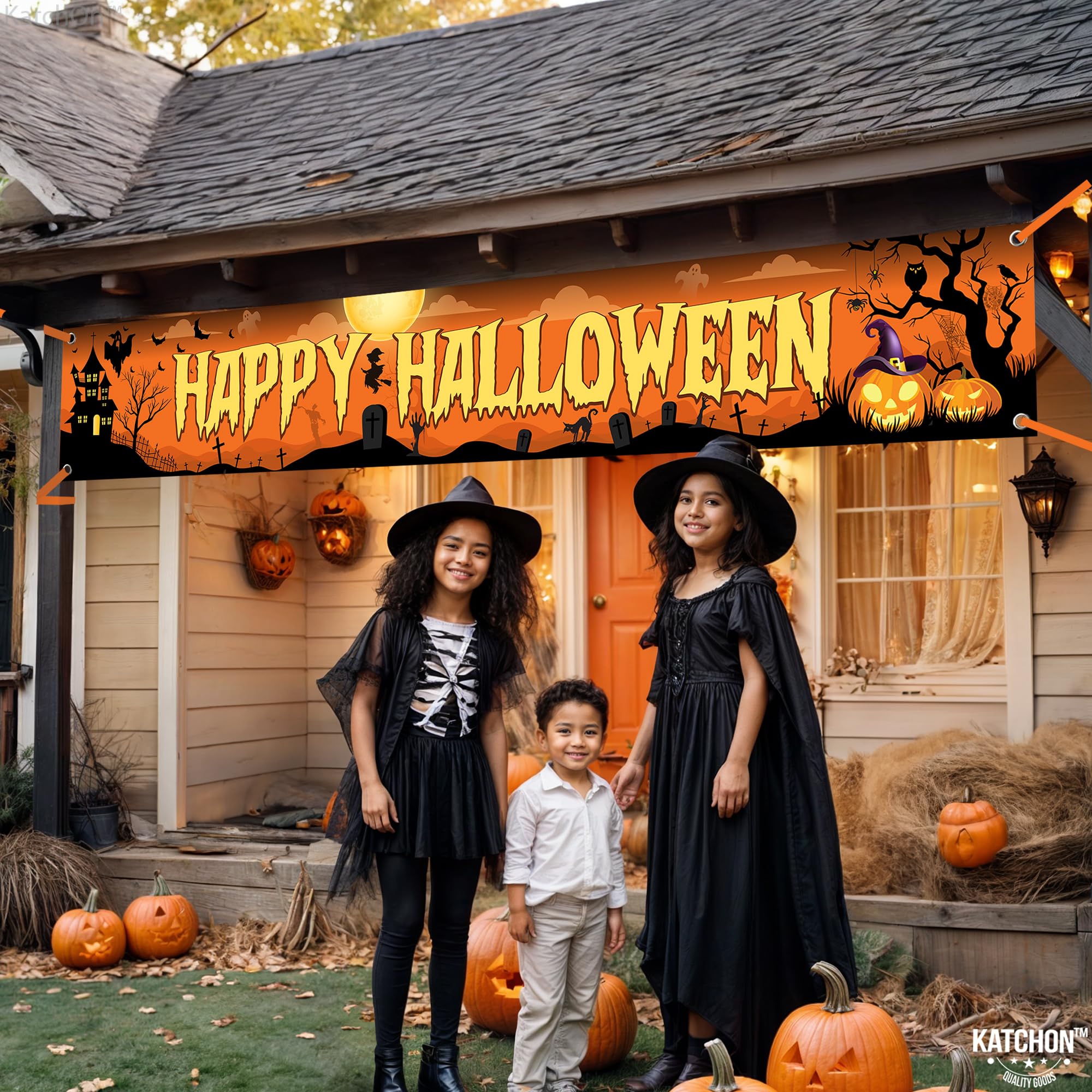 KatchOn, Baner Happy Halloween na zewnątrz, 300 x 50 cm, pomarańczowy i czarny baner na podwórko z okazji Halloween, znak na podwórko na Halloween, dekoracja podwórka, banery halloweenowe na zewnątrz