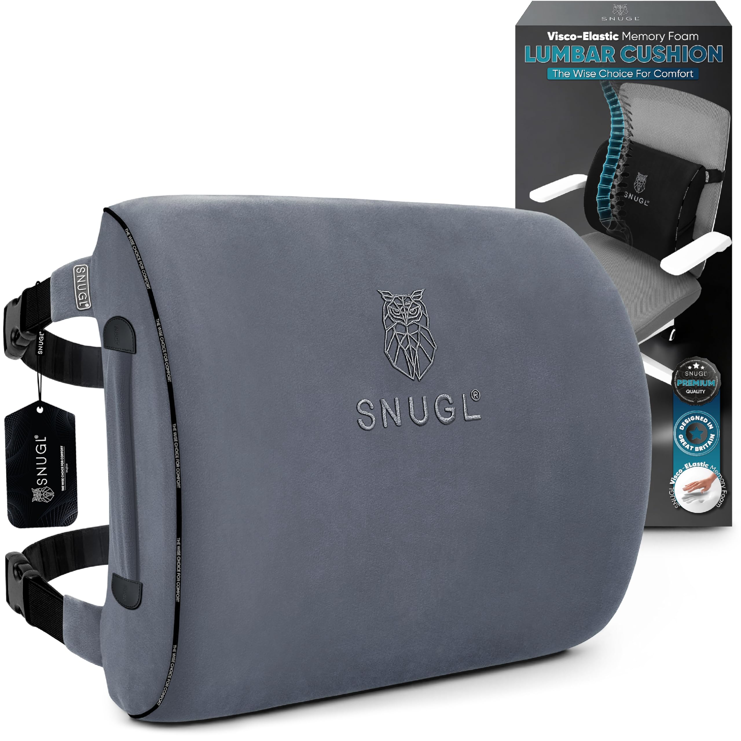 SNUGL Cuscino Lombare Supporto Schiena per Sedia da Ufficio | Cuscino Ortopedico in Memory Foam | Correttore Postura Uomo Donna | Cuscino Sedile Auto | Accessorio Ergonomico per Ufficio