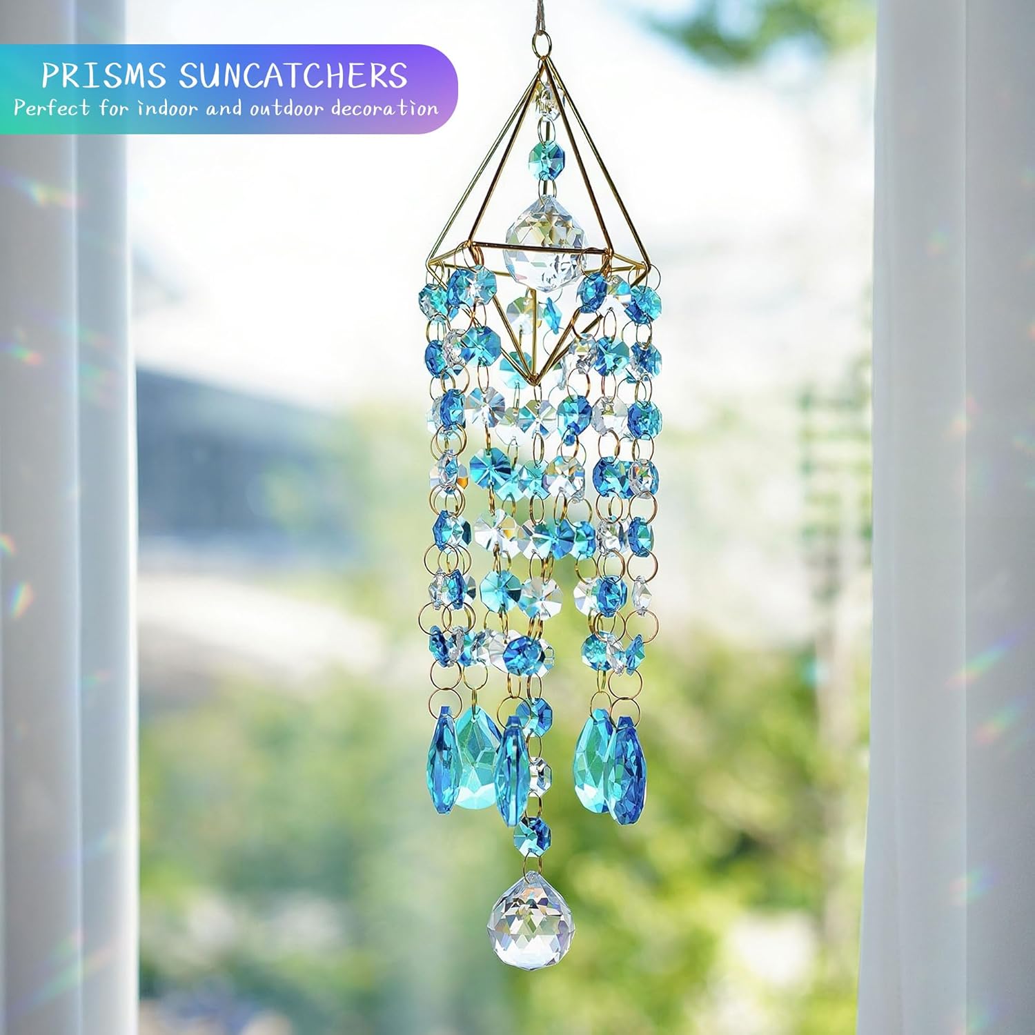 HDCRYSTALGIFTS 21.5'' Crystal Suncatchers, Handmade Blue Suncatcher for Window Hanging Crystal Wind Chimes Gold-Plated Sun Catcher with Crystals Indoor Outdoor Decoration Rainbow Maker - Image 6