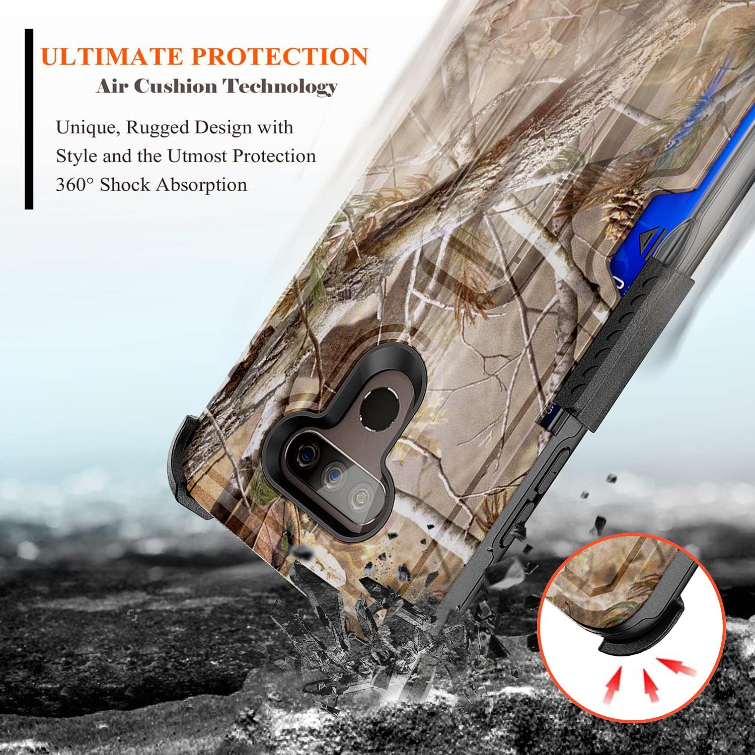 E-Began Case for LG K31 Rebel L355DL, Phoenix 5/Aristo 5/K31/Tribute Monarch/LG K8X/Fortune 3/Risio 4 with Tempered Glass Screen Protector, Belt Clip Holster, Card Holder, Protective Hybrid Case -Camo