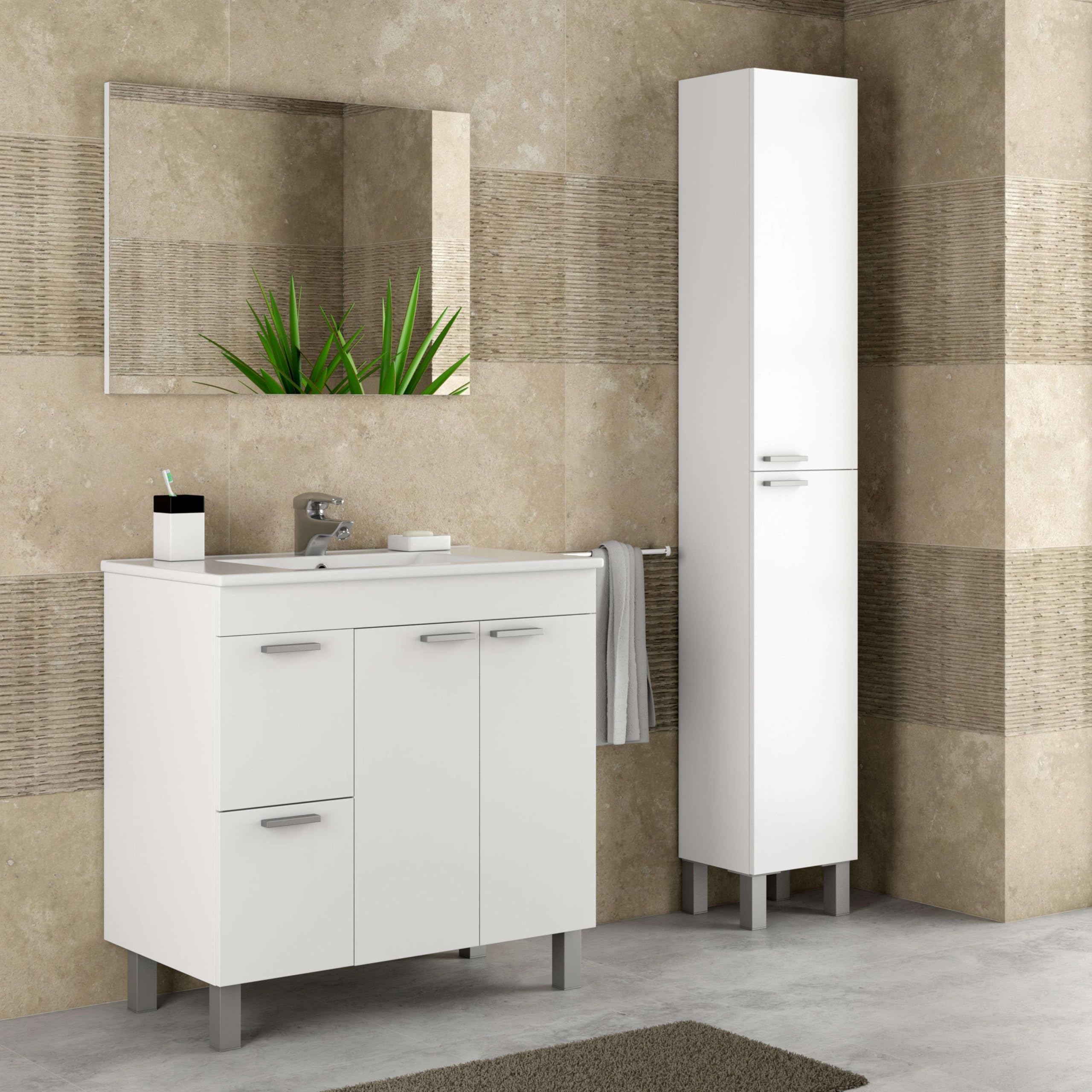 ARKITMOBEL Mueble de Baño con 2 Puertas 2 Cajones y Espejo, Módulo Baño, Color Blanco Brillo, Medidas: 80 x 80 x 45 (Alto x Ancho x Fondo, en centímetros), Modelo Aktiva (Lavabo no Incluido)