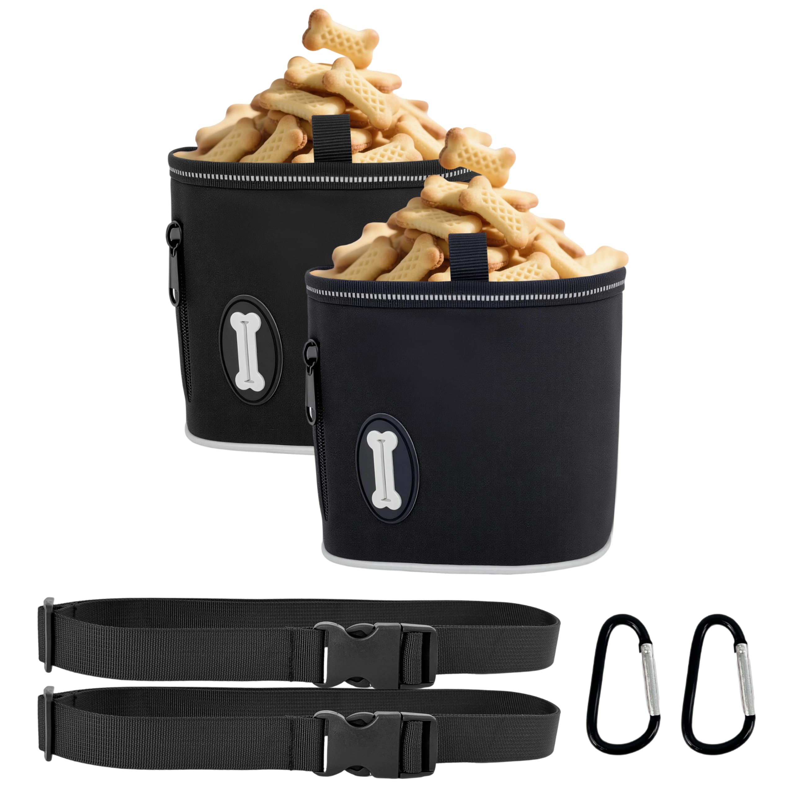 Dog Treat Pouch with Magnetic Closure, 3 Wear Ways, Side Zipper for Poop Bag Dispenser, Large Treat Bag with Reflective Strip for Training, Travel and Night Walking (Black-2 Pack)