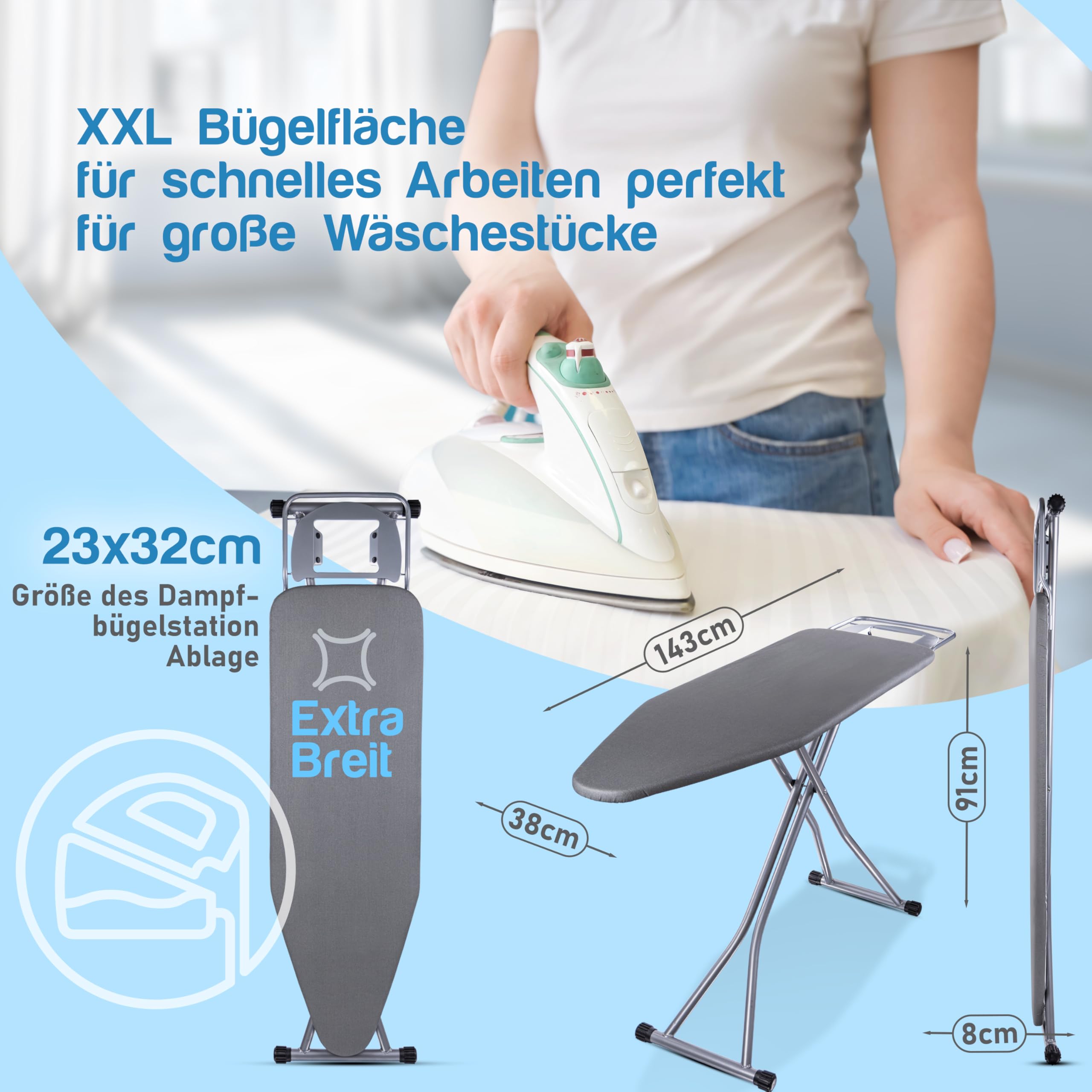 Premium XXL Bügelbrett für Dampfbügelstation – extra breite Bügelfläche (143x38 cm), Dampfbügelgeeignet, stabil & klappbar, mit Hitzebeständiger Ablage und Bezug – ideal für alle Bügeleisen